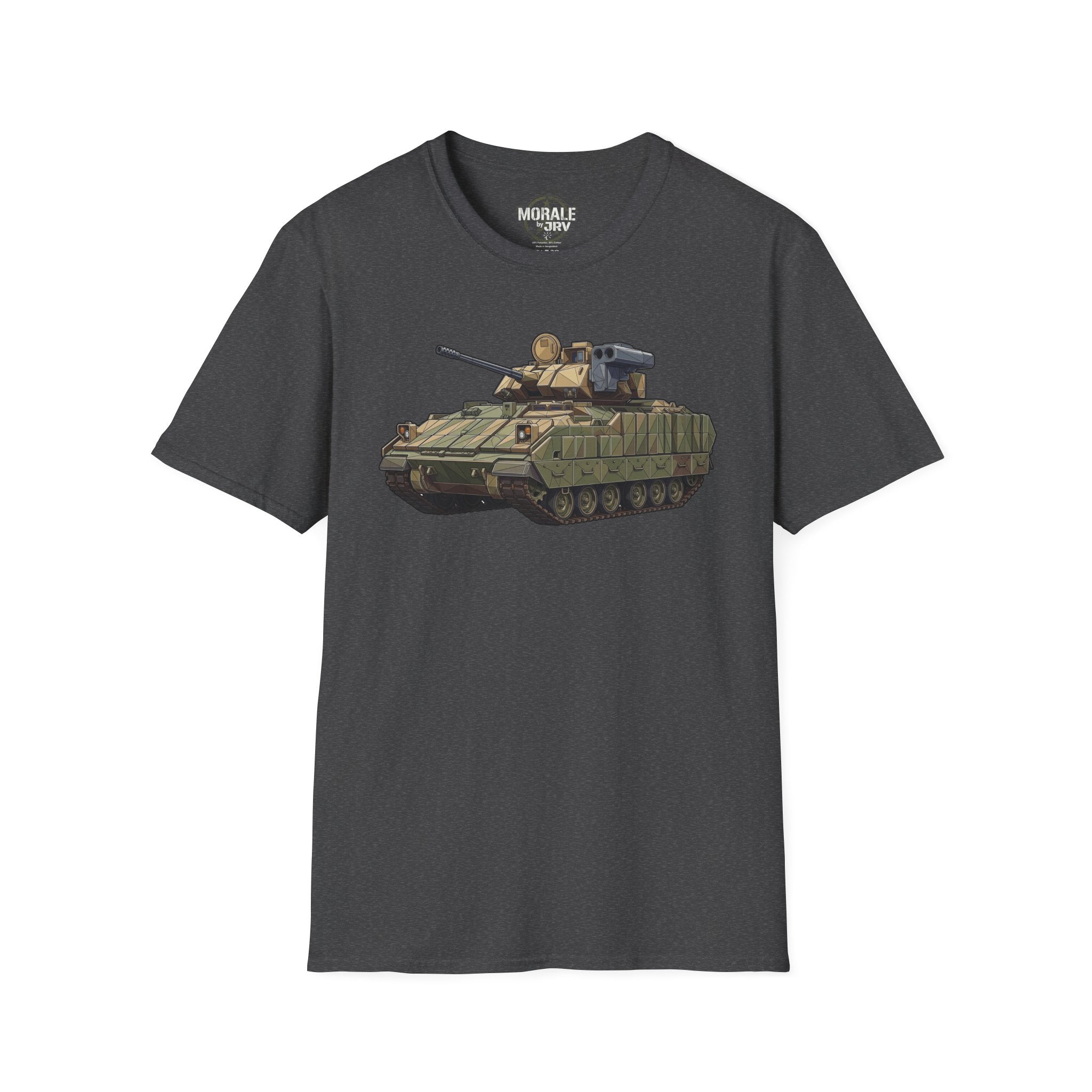 Dark gray tank T-shirt with armored vehicle graphic on chest
