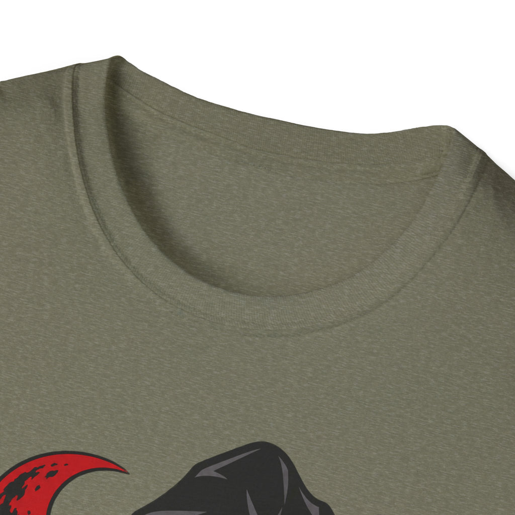 Heather military green crew-neck T-shirt with partial witch face graphic at lower chest