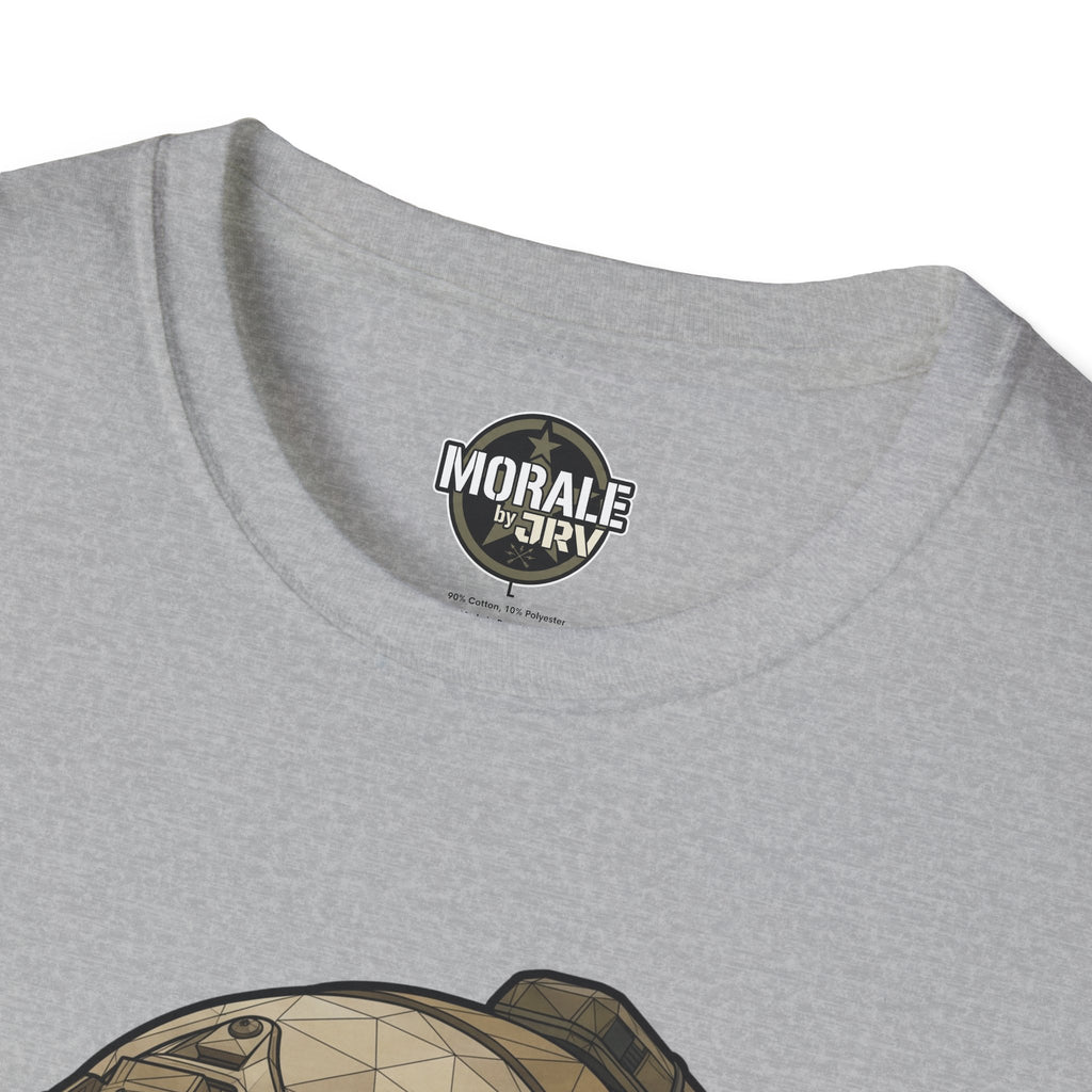 Heather gray tee with small Moral logo at neckline, partial skull-helmet graphic