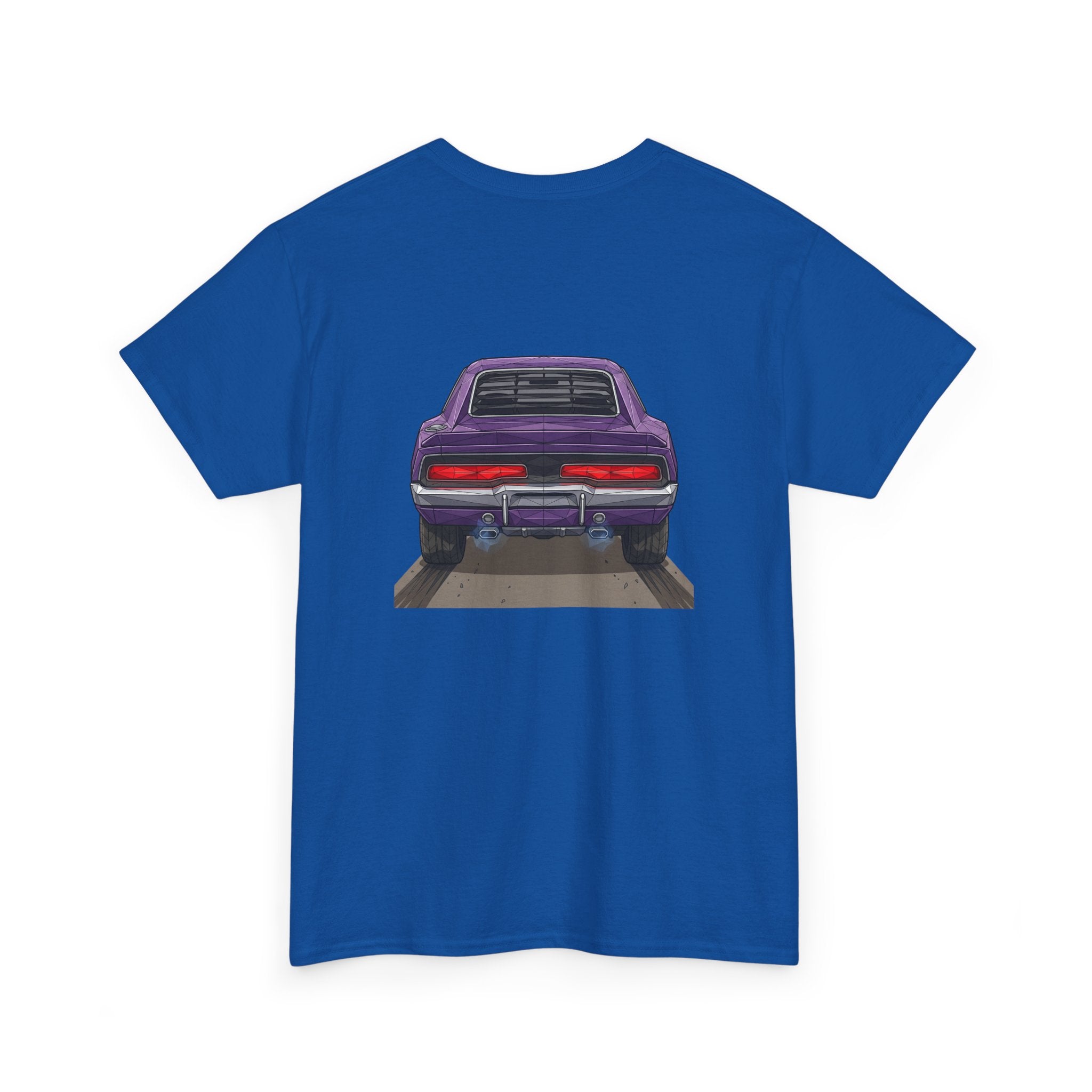 Royal blue short-sleeve T-shirt with purple retro car graphic centered on front