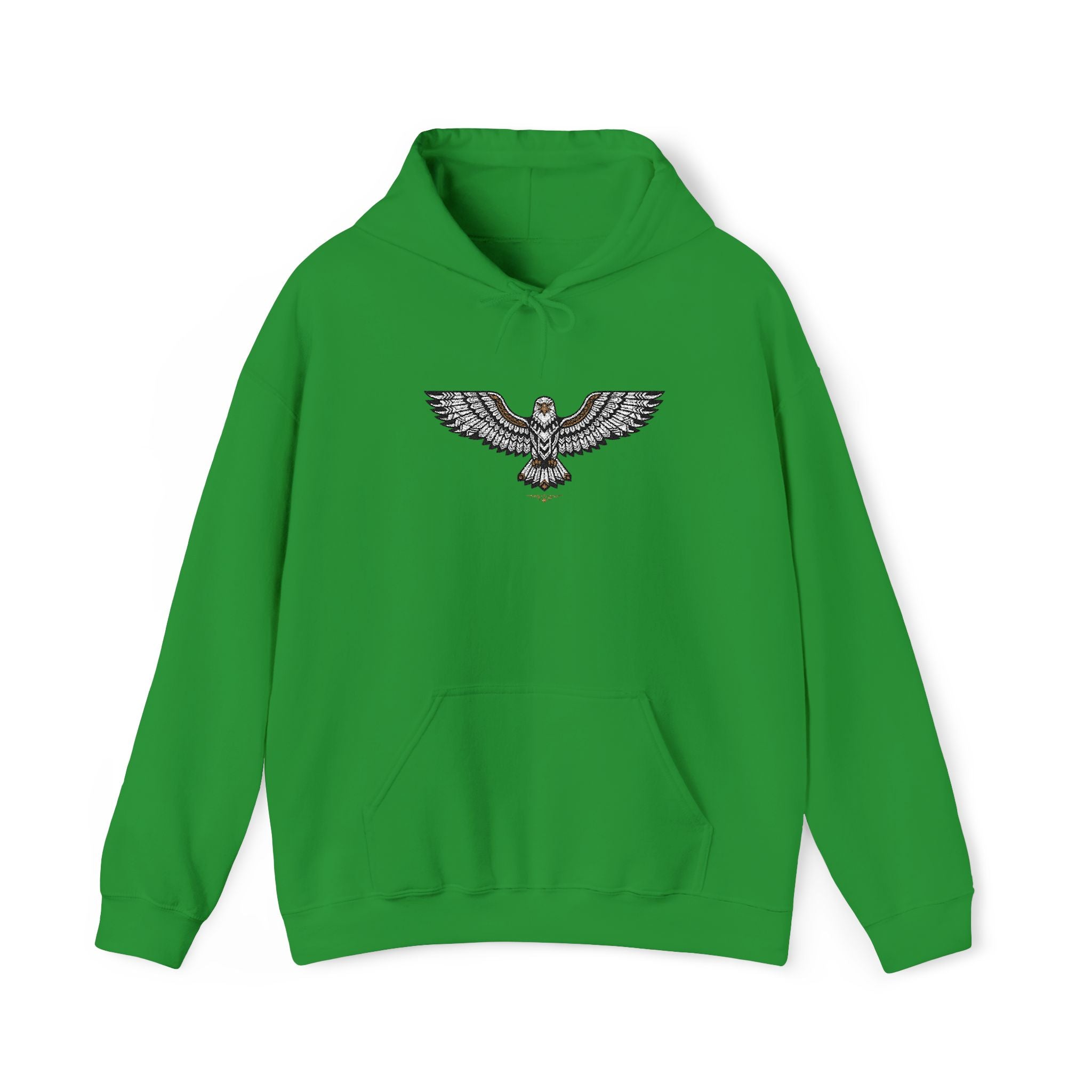 Bright green unisex hoodie with drawstring hood, front pocket, rhinestone eagle chest design