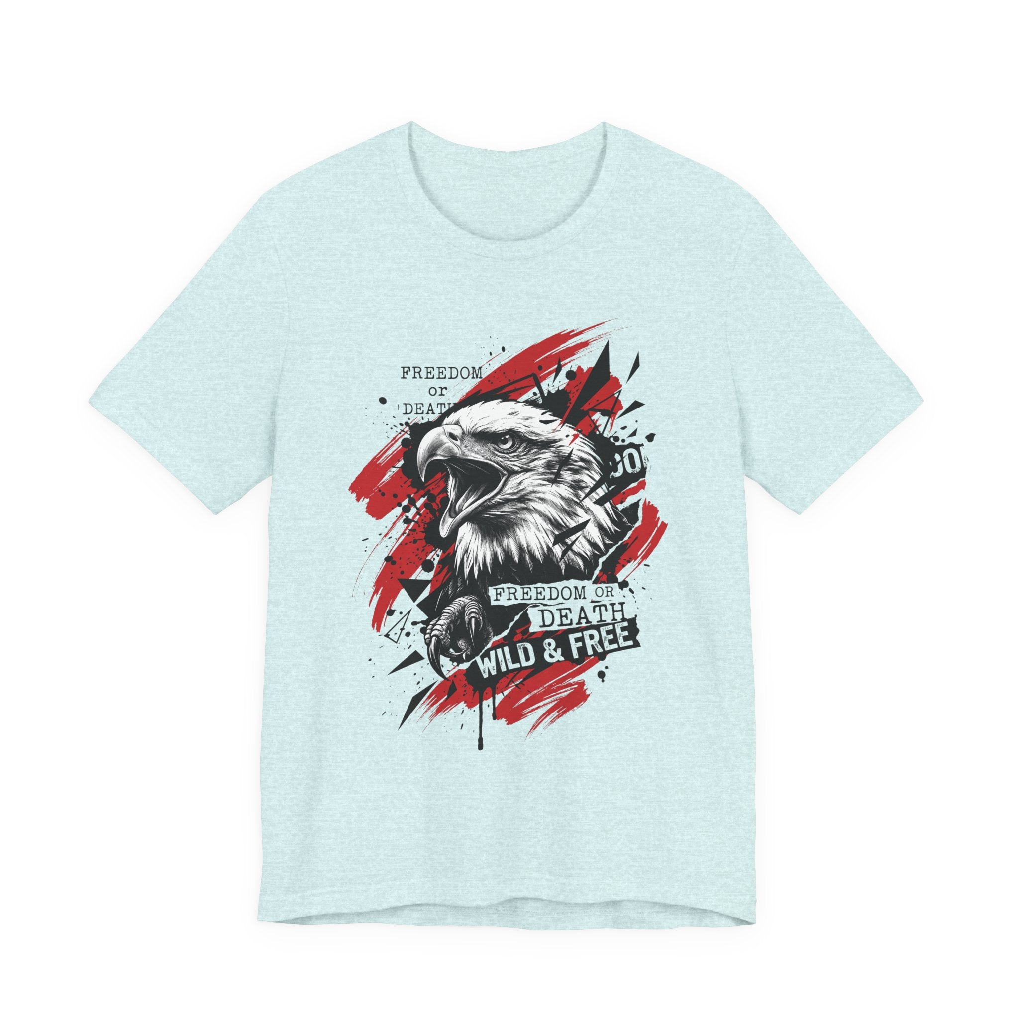 Light blue eagle graphic T-shirt with red splatter circle and front eagle head print