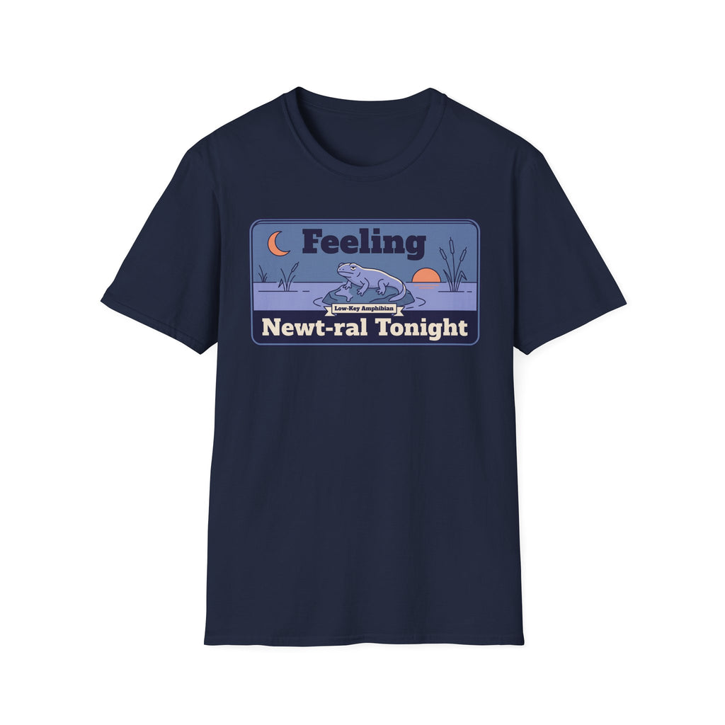 Navy crewneck short-sleeve T-shirt with boxed “Feeling Newt-ral Tonight” newt graphic.