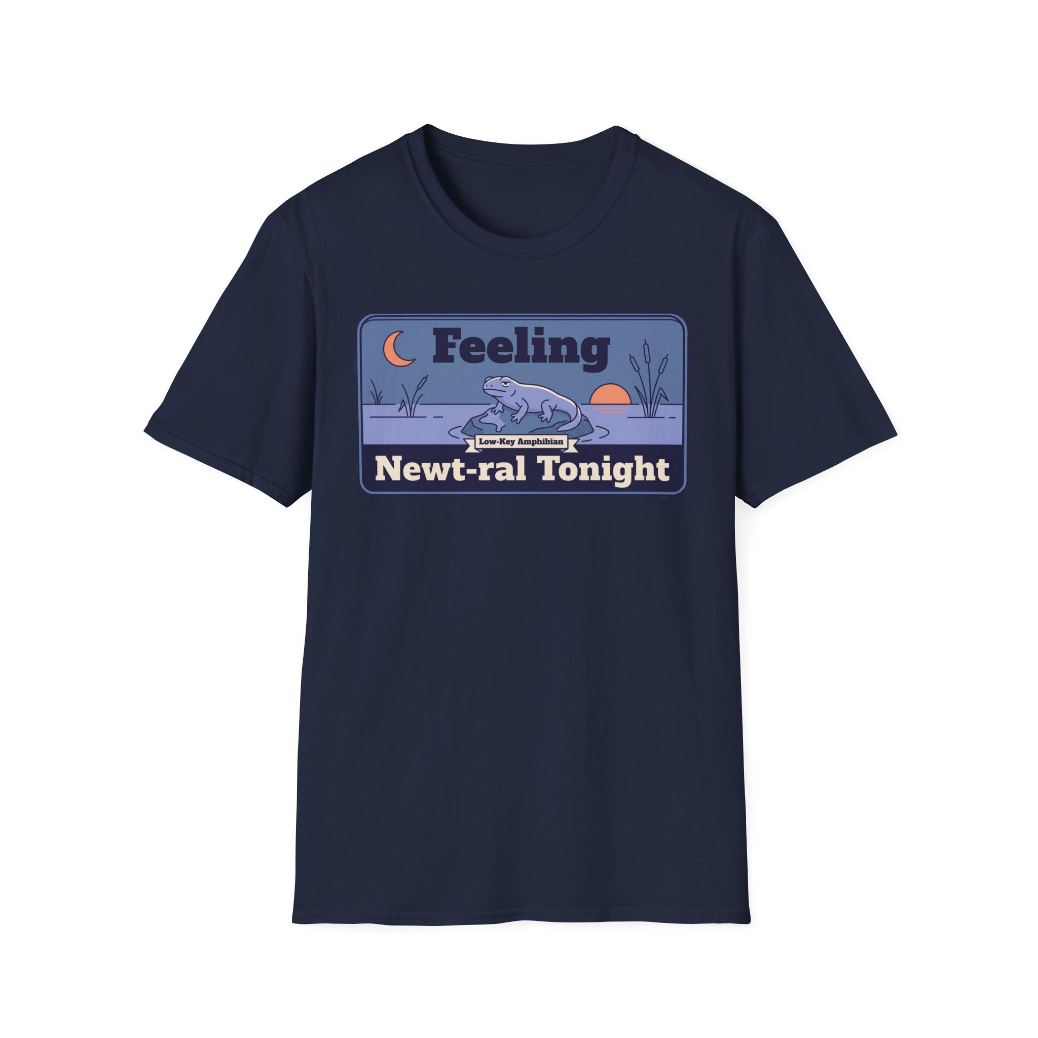 Navy crewneck short-sleeve T-shirt with boxed “Feeling Newt-ral Tonight” newt graphic.