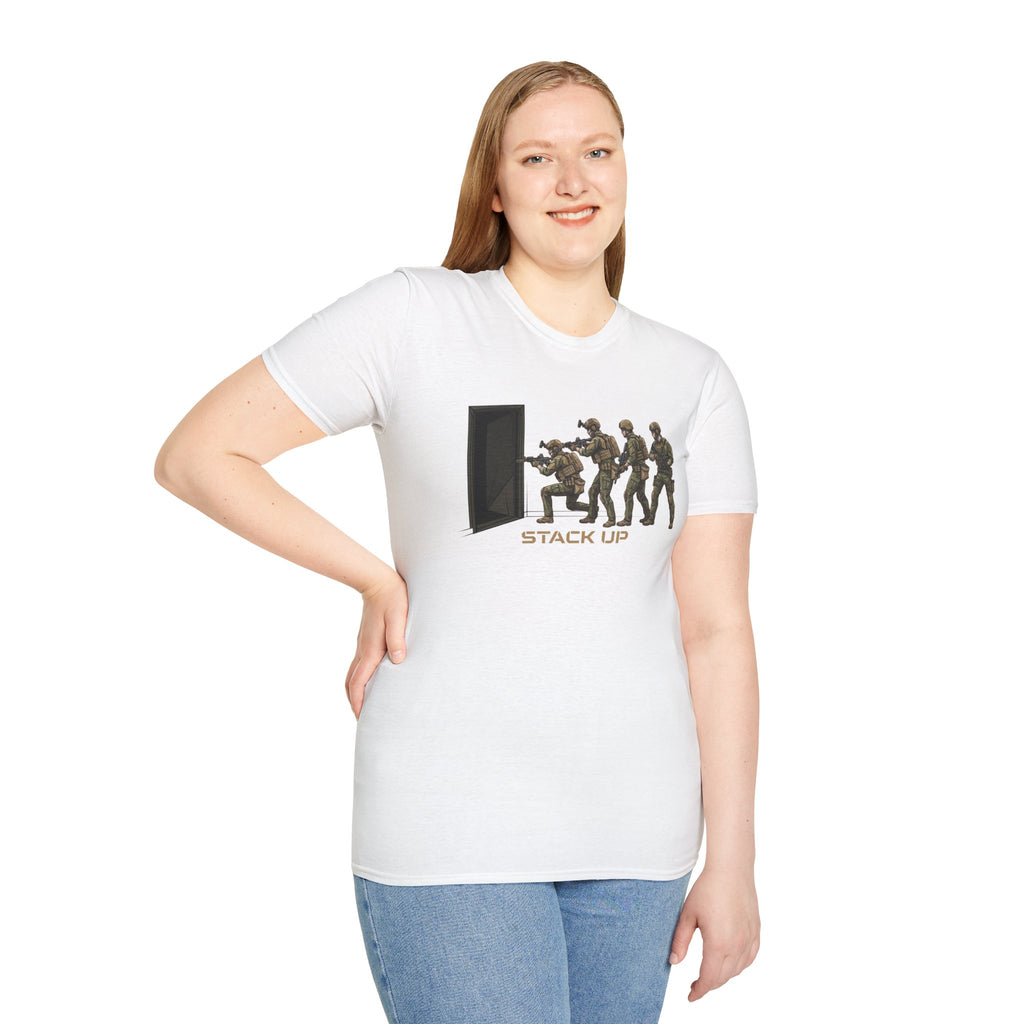 White T-shirt on model with 'Stack Up' door breach soldier team print