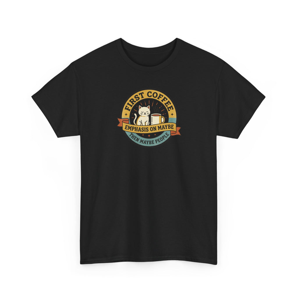 Black T-shirt with round coffee motto graphic on front, short sleeves, crew neck.