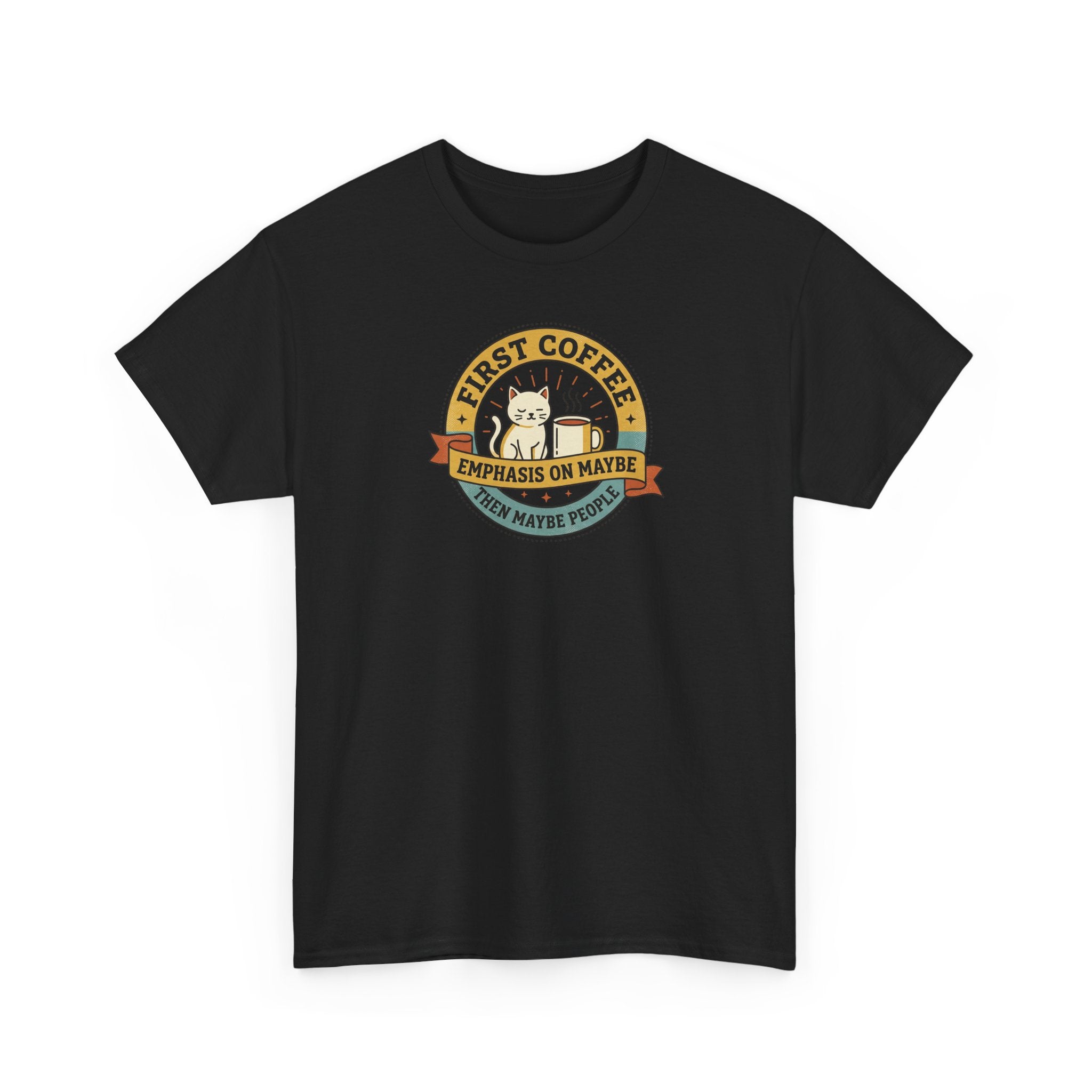 Black T-shirt with round coffee motto graphic on front, short sleeves, crew neck.