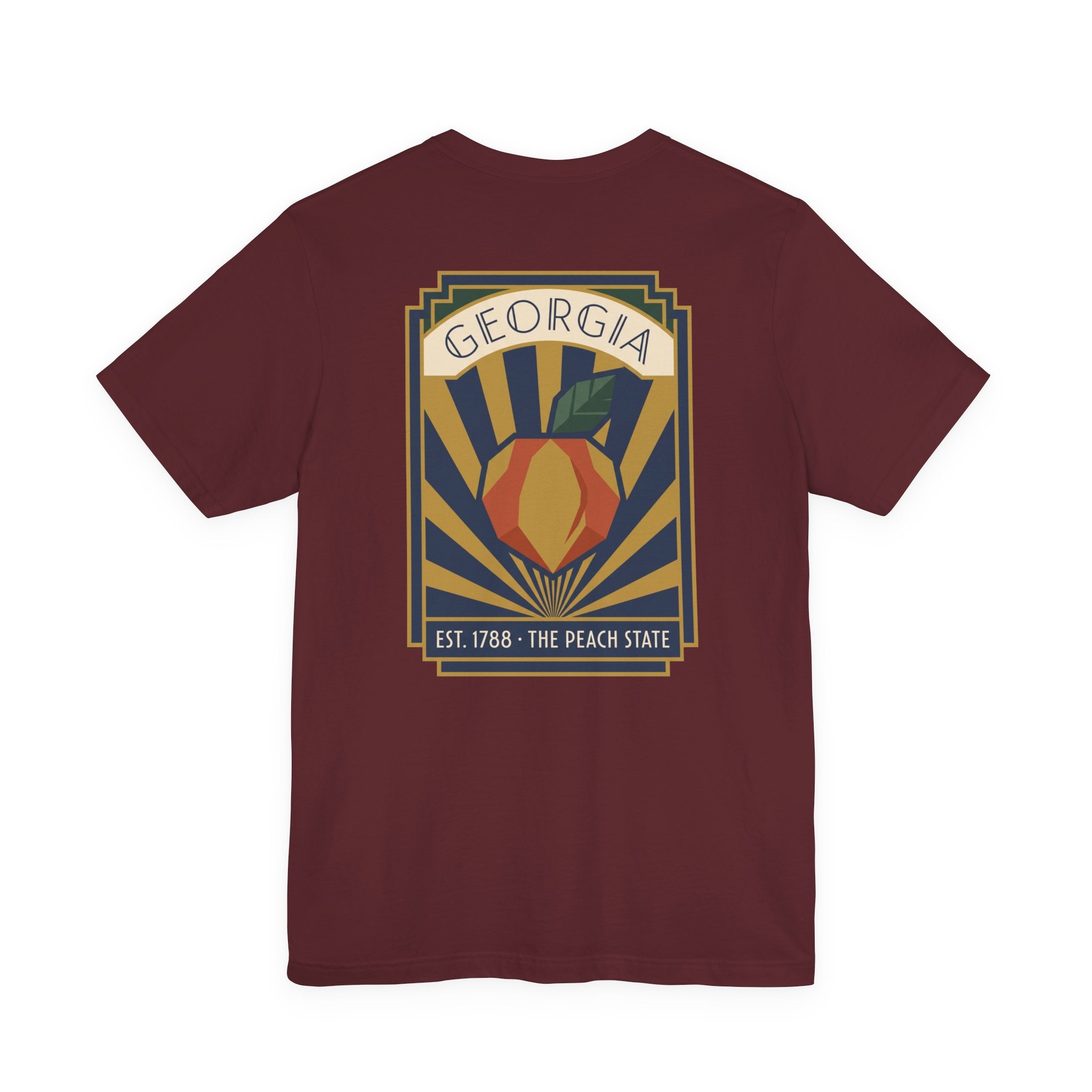 Maroon t-shirt with Georgia Art Deco style poster graphic on front