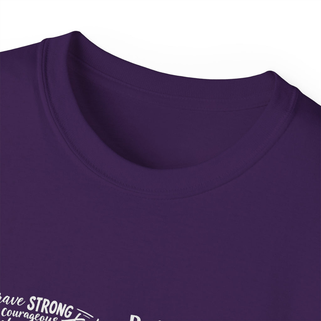 Life word cloud tee in purple, close-up of crew neck and part of the word graphic