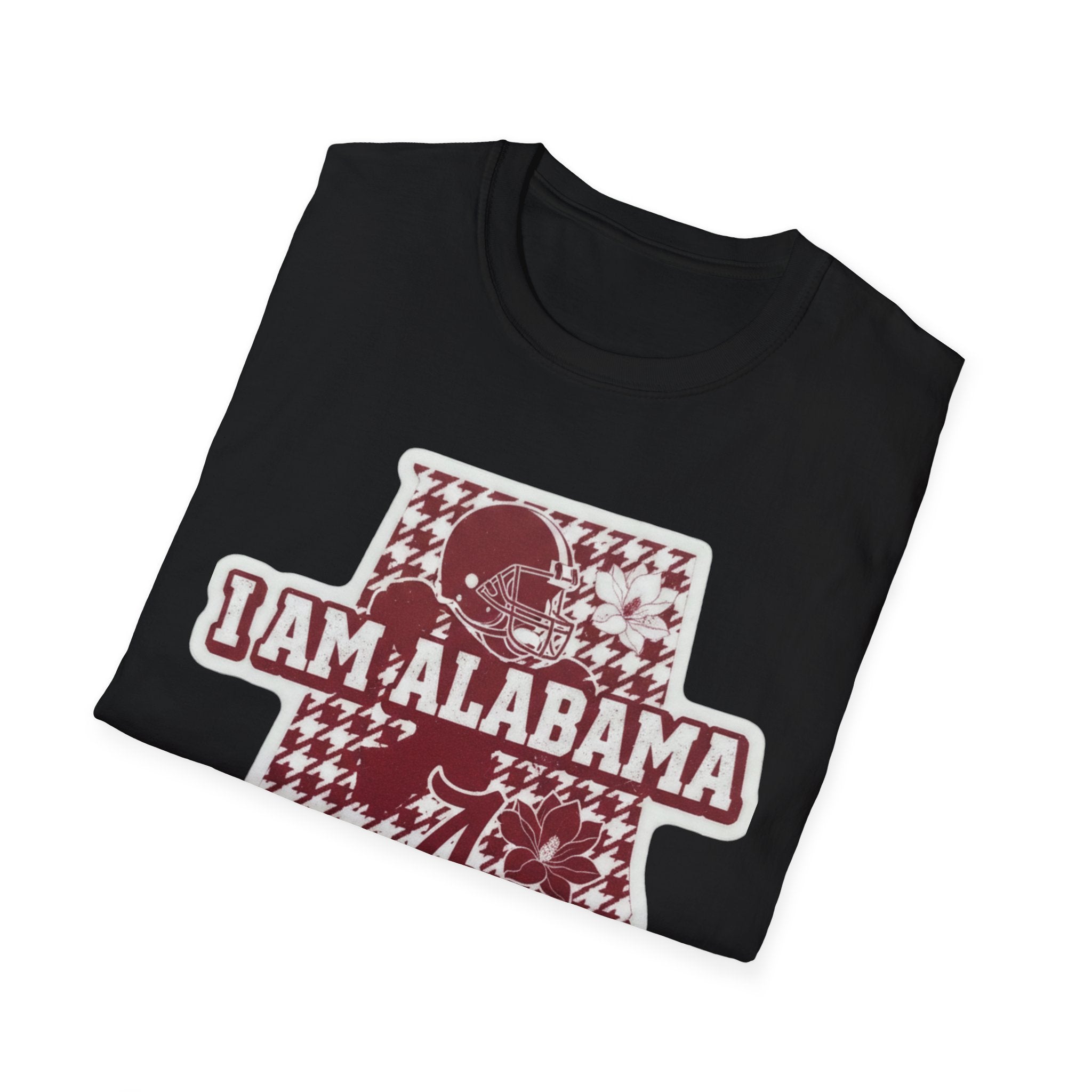 Schwarzes I AM ALABAMA T-Shirt mit Hahnentritt-Grafik, Helm und Blumenmotiv