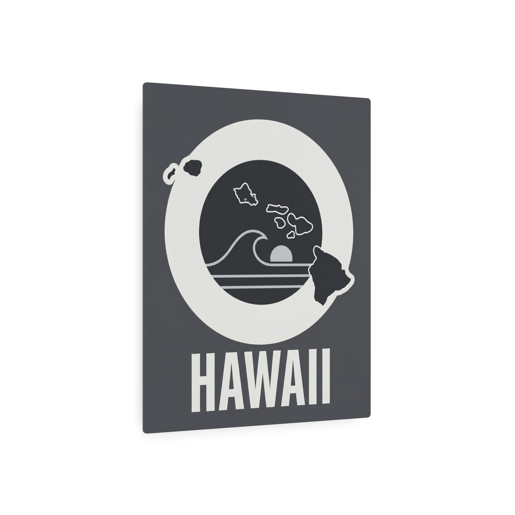 Square Hawaii metal wall art with dark gray design, white circle and HAWAII lettering