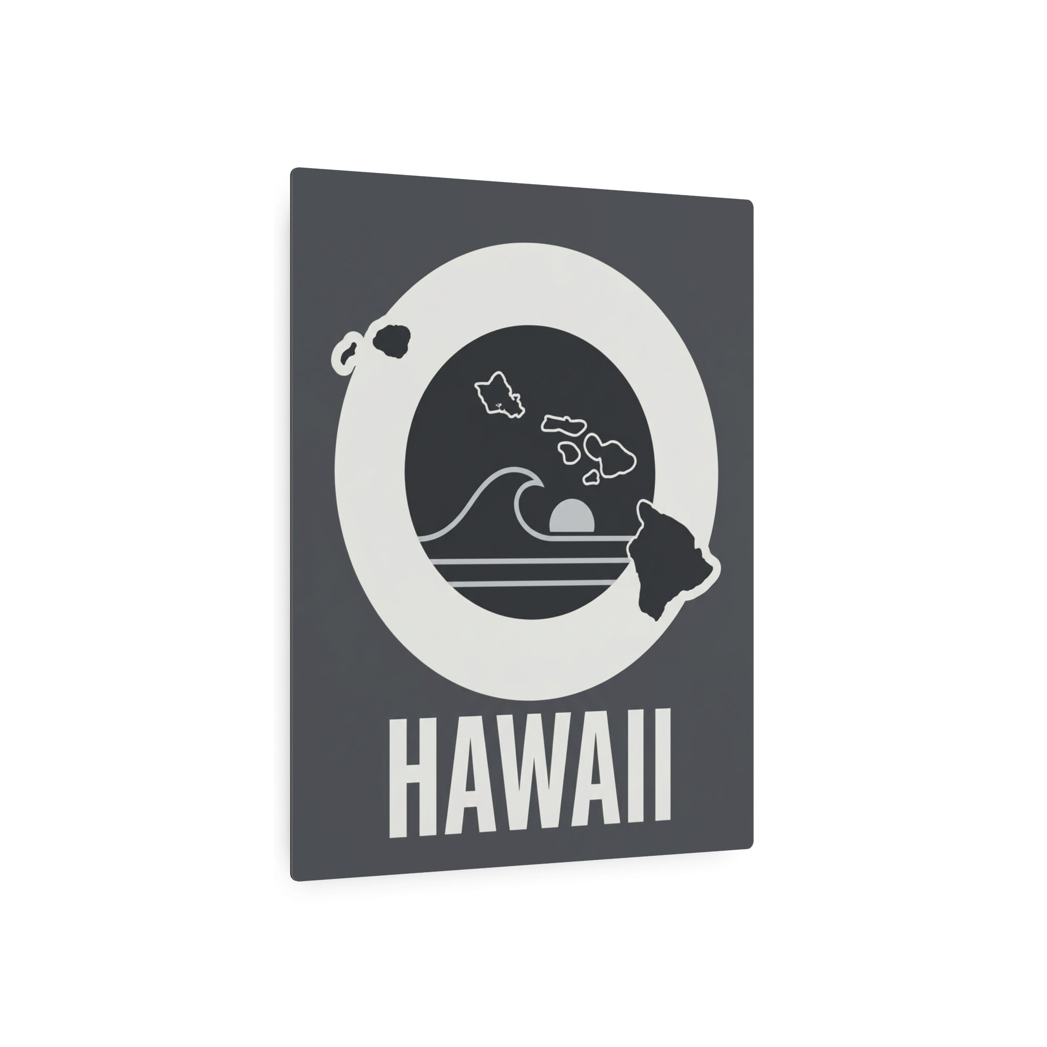 Square Hawaii metal wall art with dark gray design, white circle and HAWAII lettering