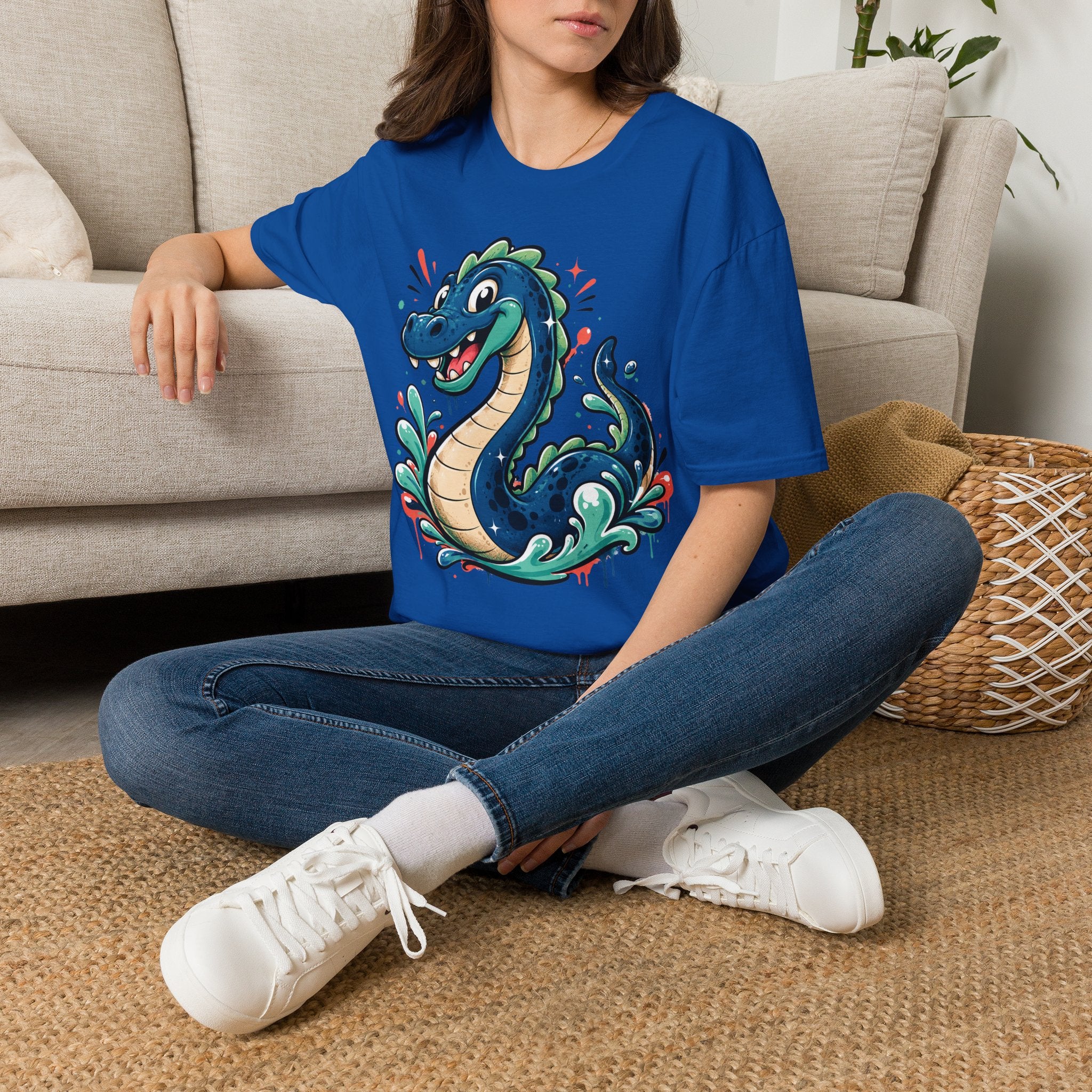 Royal blue sea serpent graphic T-shirt on model, short sleeves, crew neck