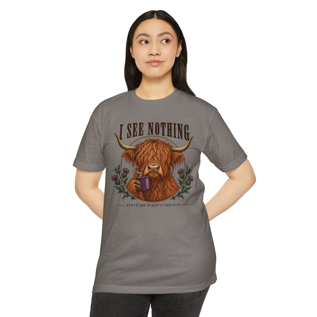 Heather gray t-shirt with Highland cow graphic and floral details on the chest