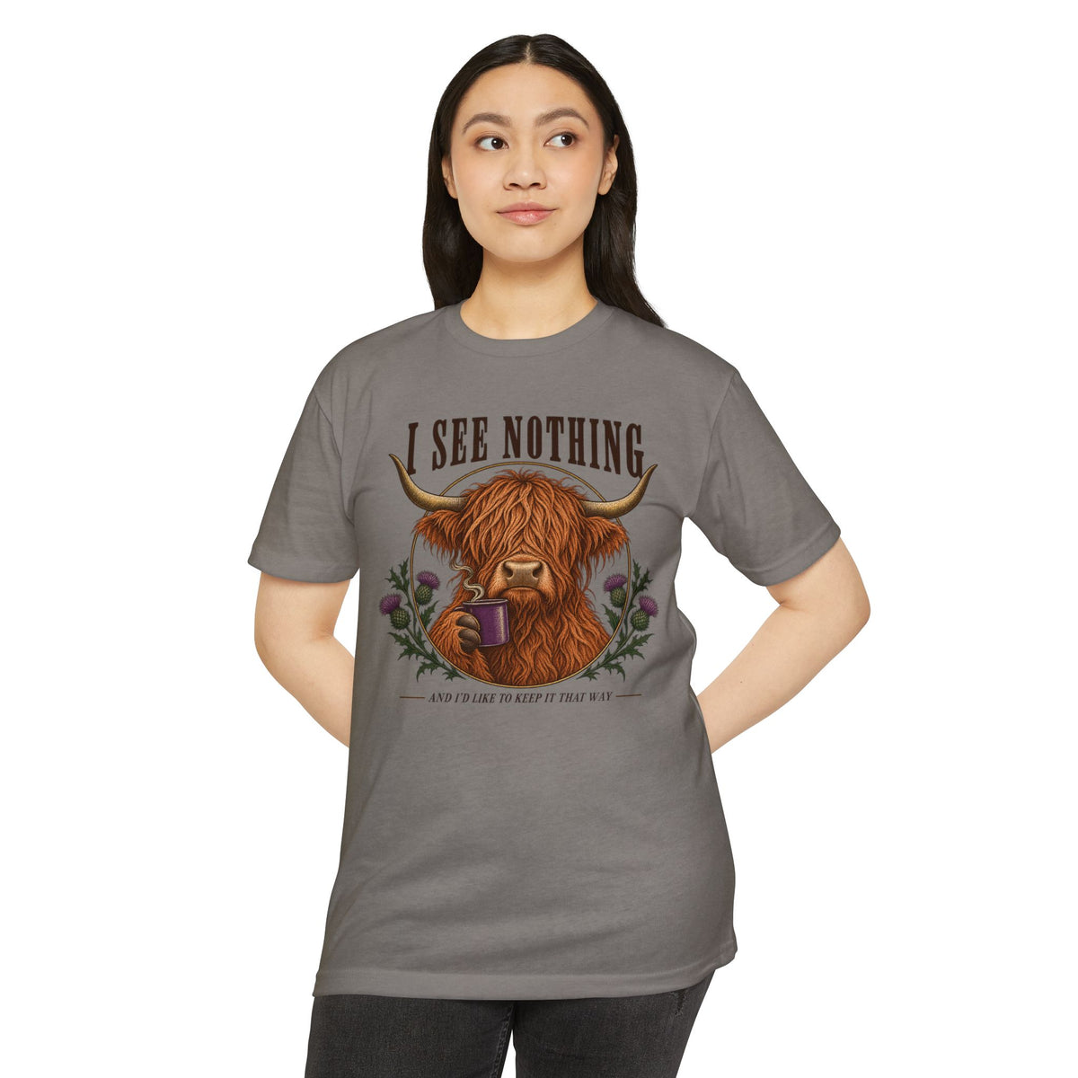 Heather gray t-shirt with Highland cow graphic and floral details on the chest