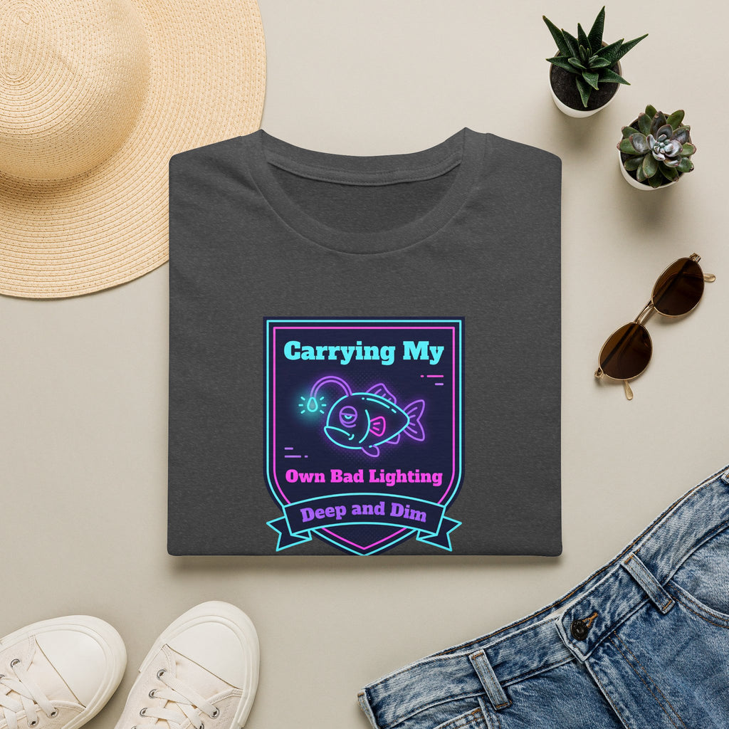 Dark gray T-shirt with neon anglerfish graphic and ribbon text, front view