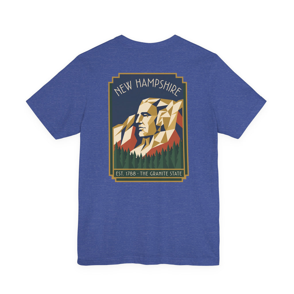 Graphic T-shirt in royal blue with square mountain face graphic centered