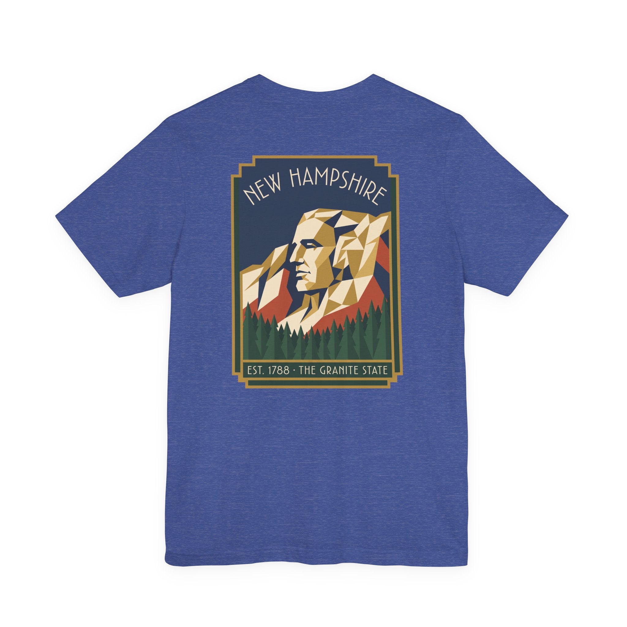 Graphic T-shirt in royal blue with square mountain face graphic centered