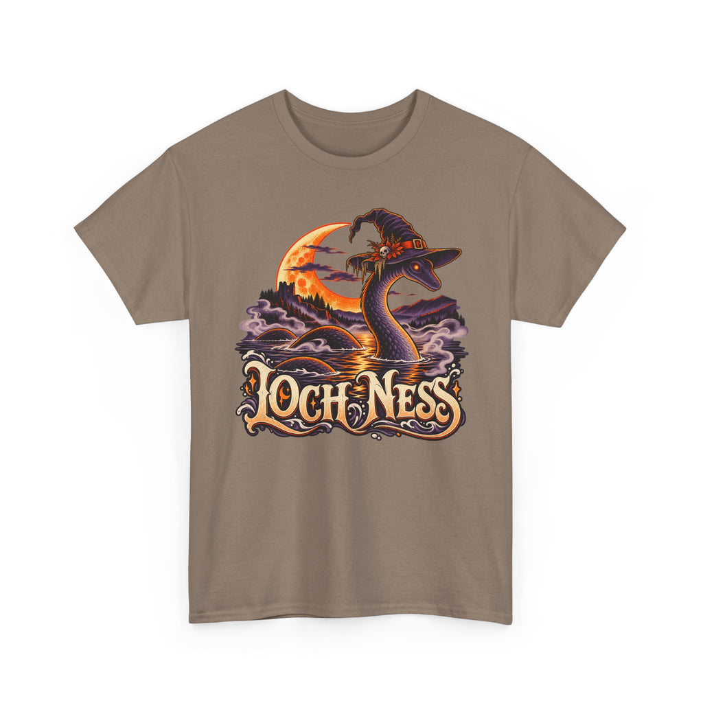 Brown crewneck T-shirt with Loch Ness monster wearing witch hat graphic