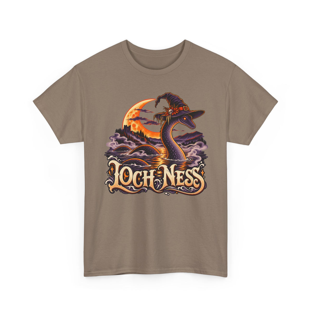 Brown crewneck T-shirt with Loch Ness monster wearing witch hat graphic