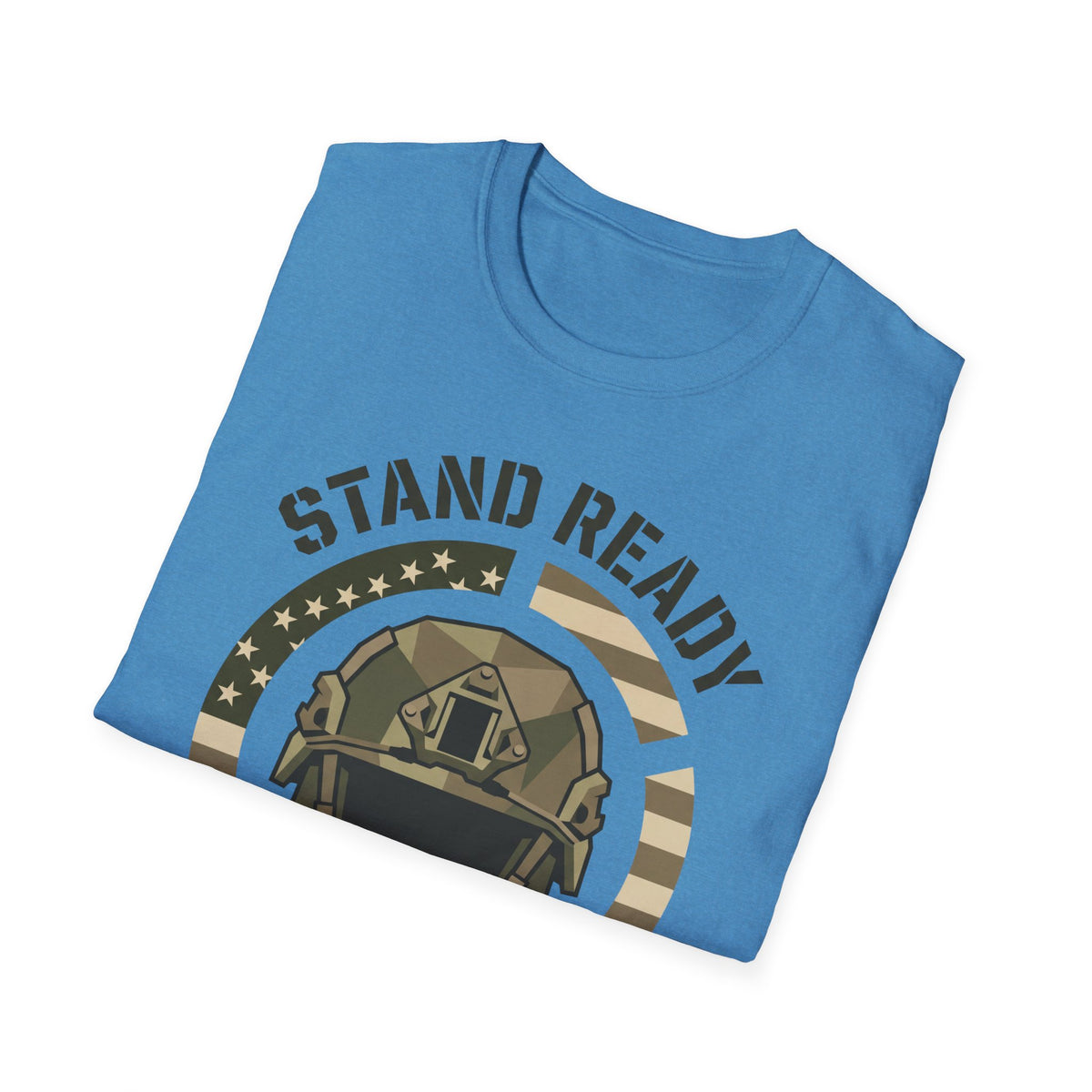 Blue crew-neck t-shirt with helmet graphic and arched “STAND READY” text