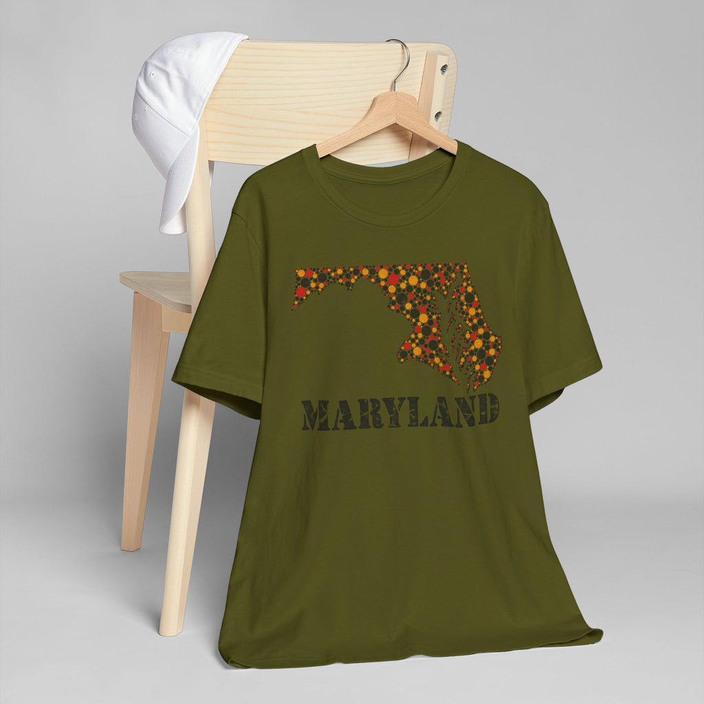 Maryland floral map graphic T-shirt in olive green, crew neck, short sleeves, front print
