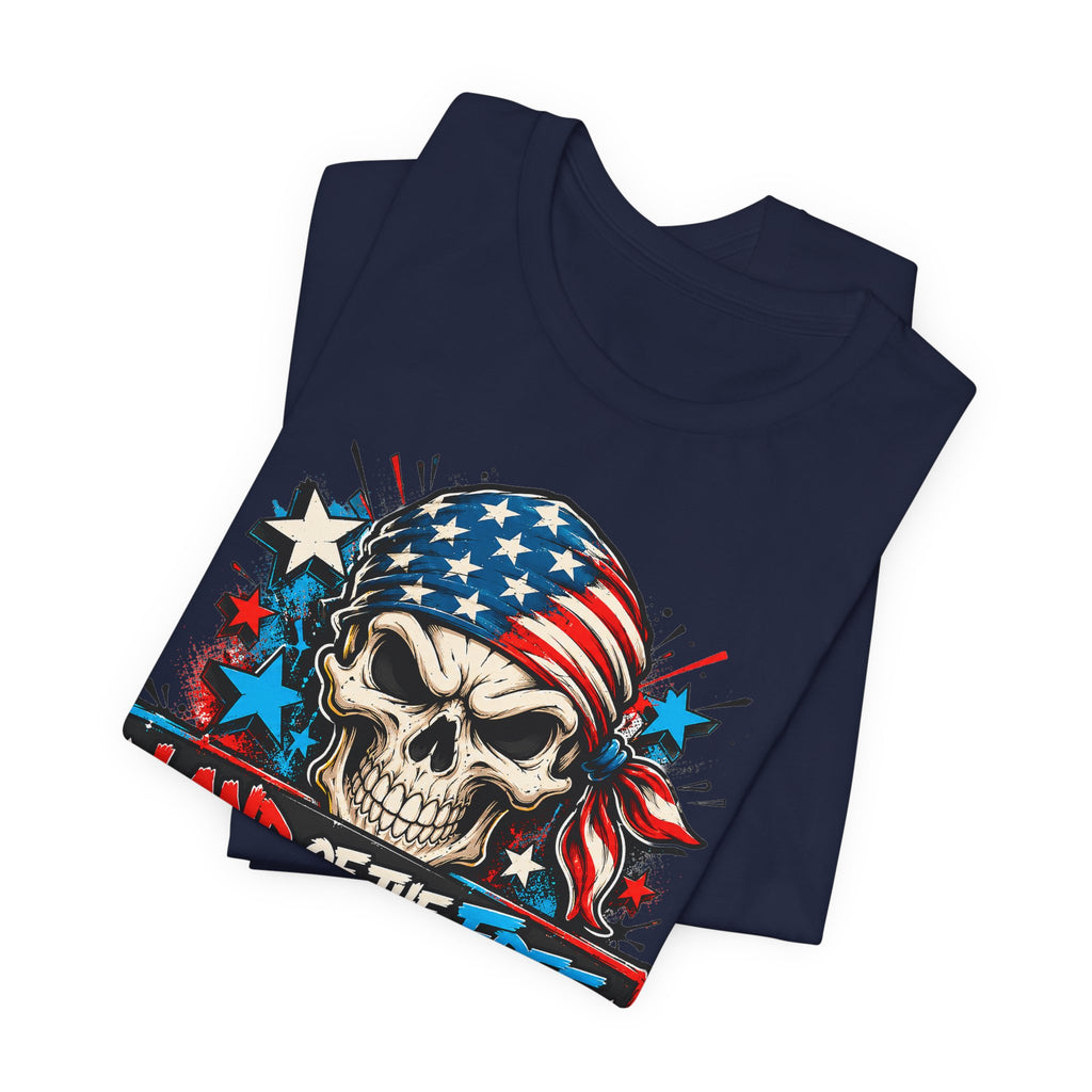 Navy skull graphic T-shirt with American flag bandana stars and stripes