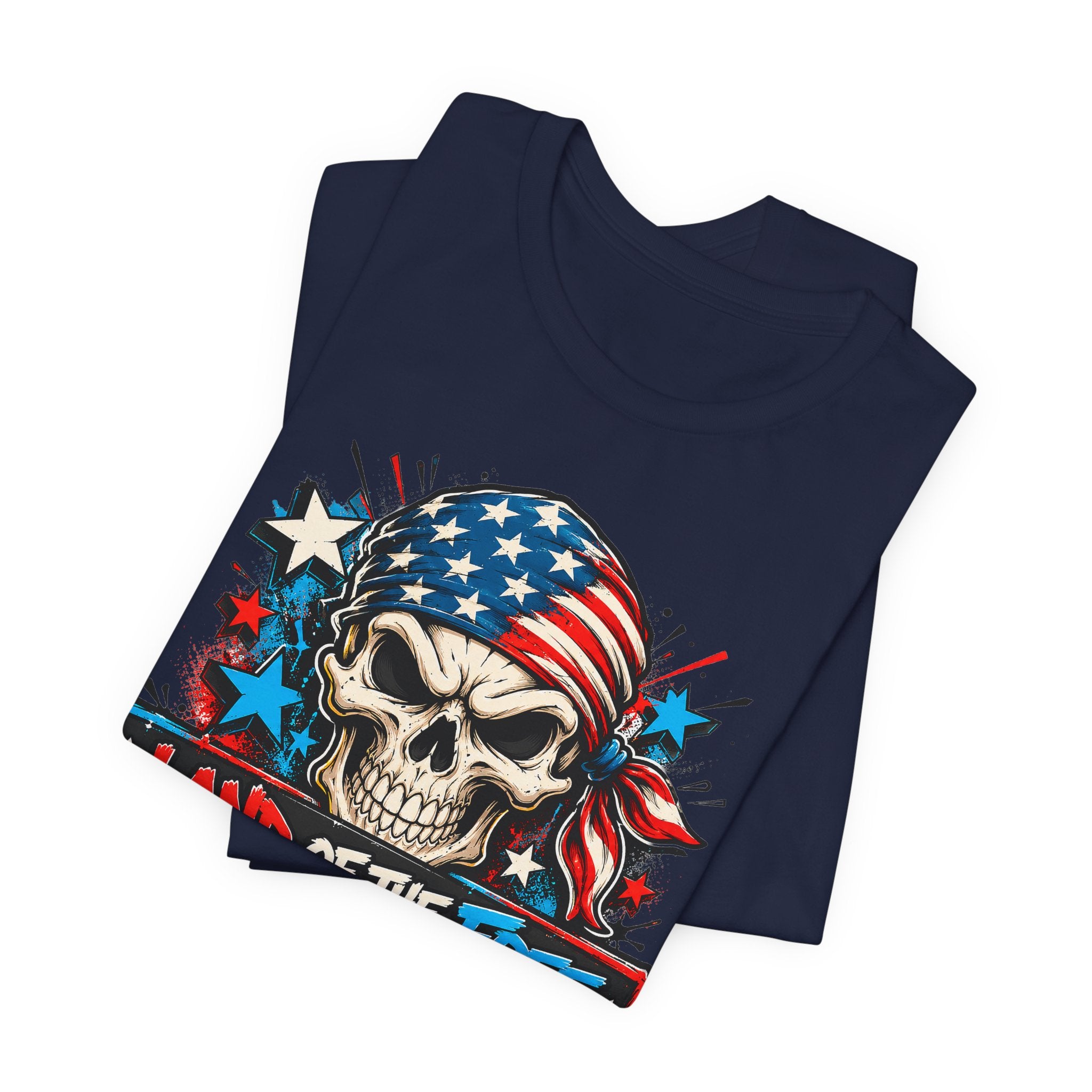 Navy skull graphic T-shirt with American flag bandana stars and stripes