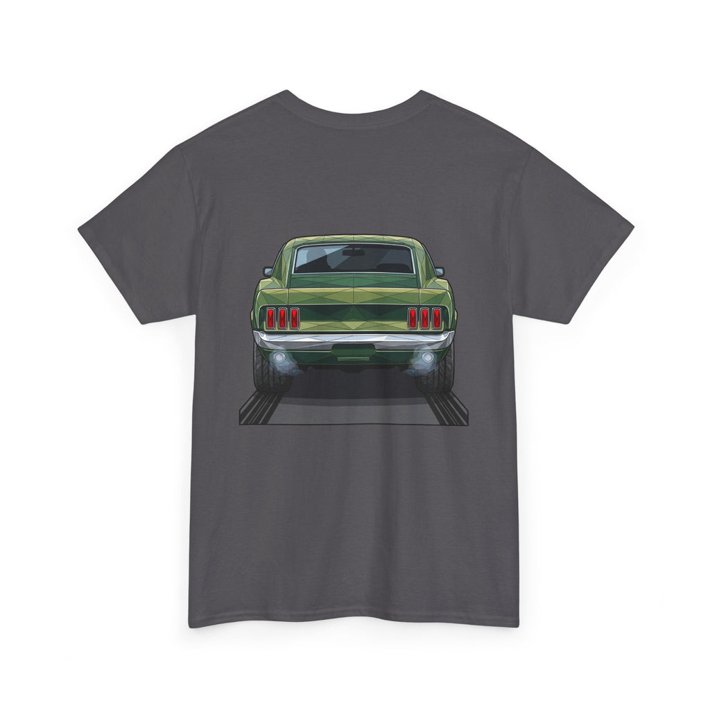 Charcoal T-shirt with vintage green muscle car grille and bumper graphic