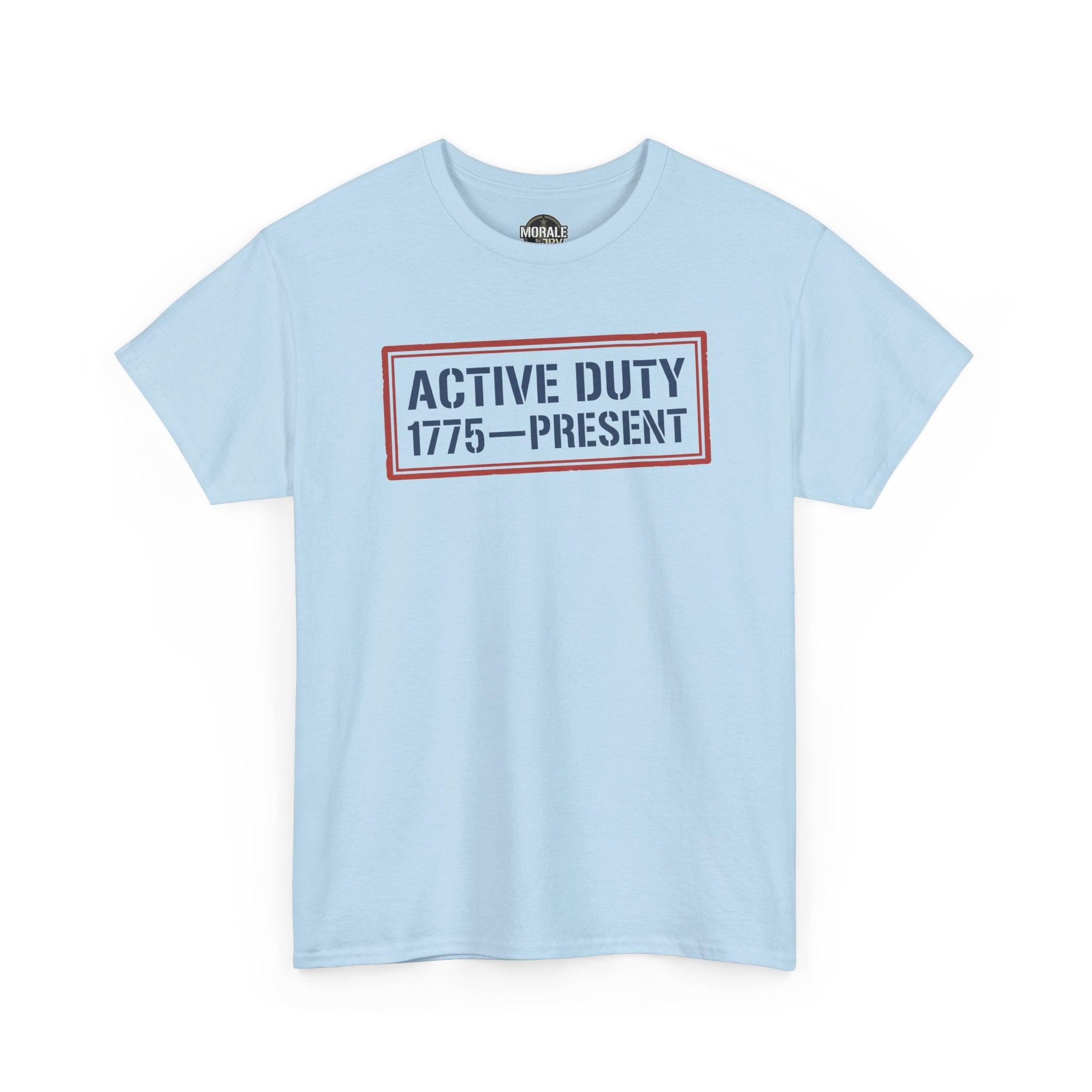 Light blue crewneck T-shirt with red 'Active Duty 1775–Present' front graphic
