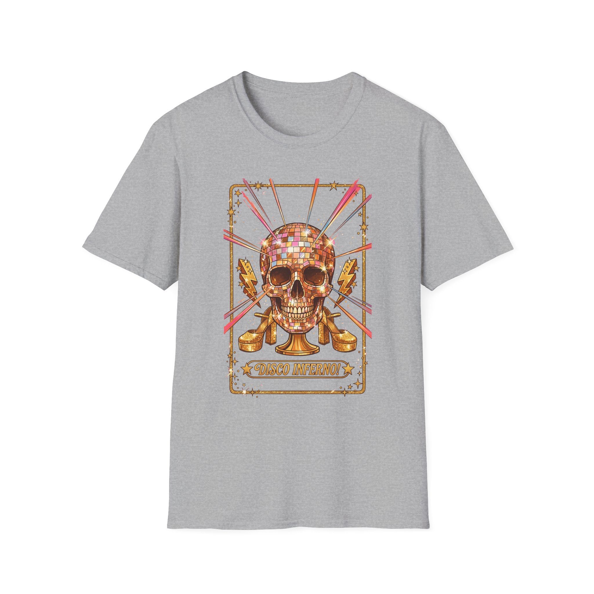 Disco Inferno Skull T-Shirt, heather gray—skull wearing disco ball crown graphic