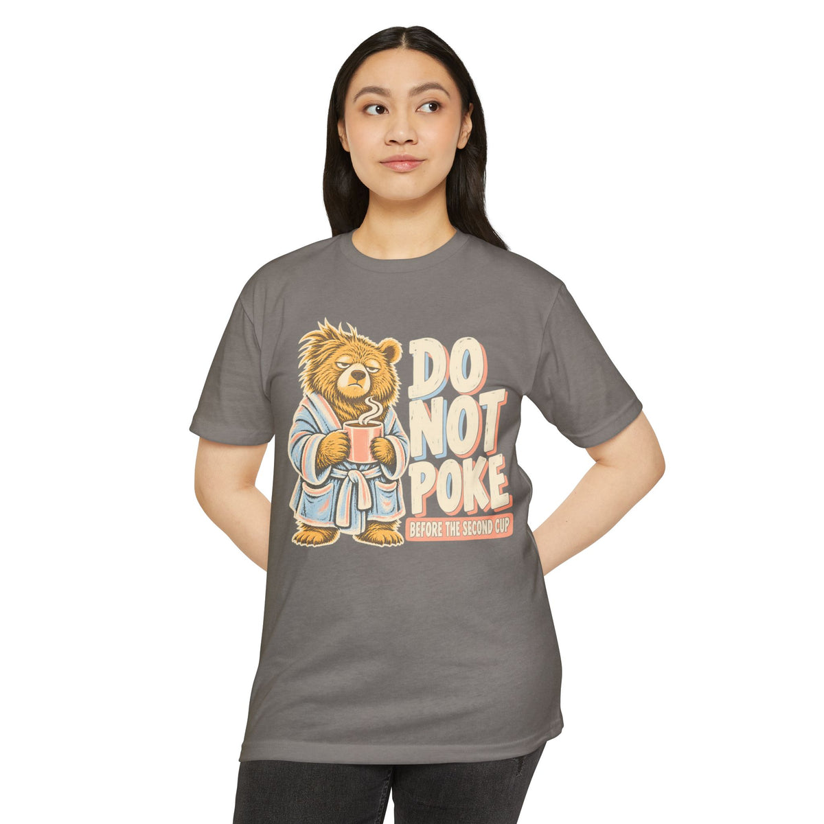 Gray women’s T-shirt with grumpy bear graphic and “DO NOT POKE” front print