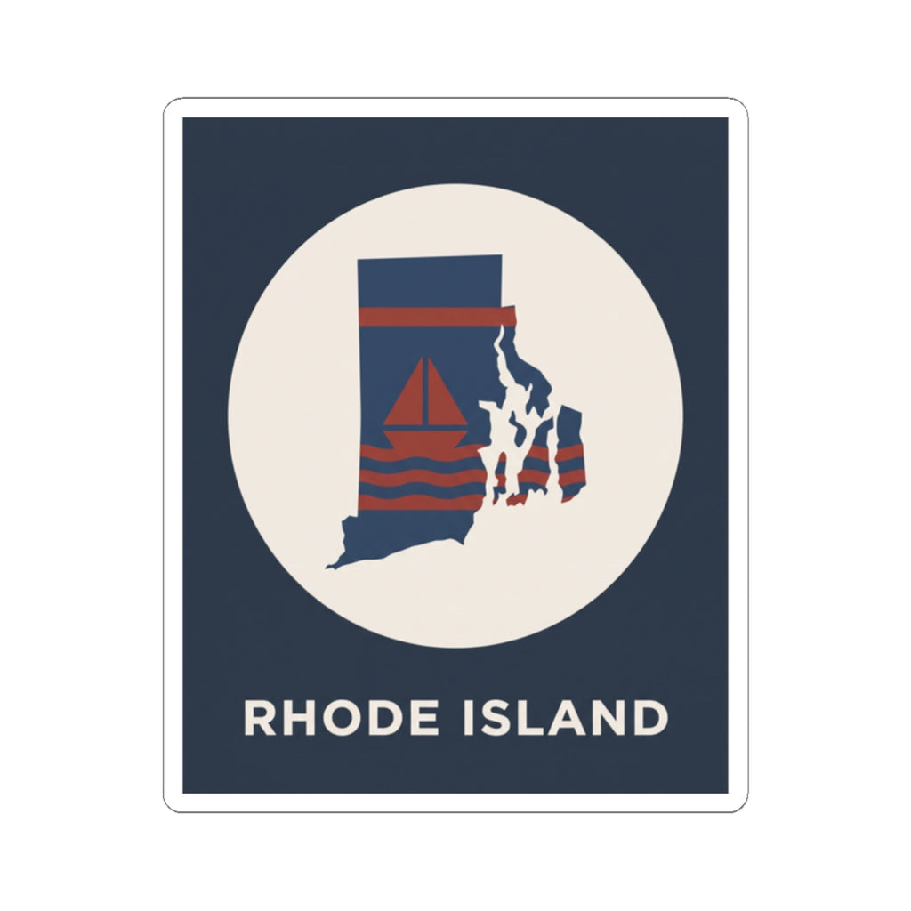 Rhode Island sticker featuring sailboat over state outline in a white circular frame