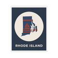 Rhode Island sticker featuring sailboat over state outline in a white circular frame