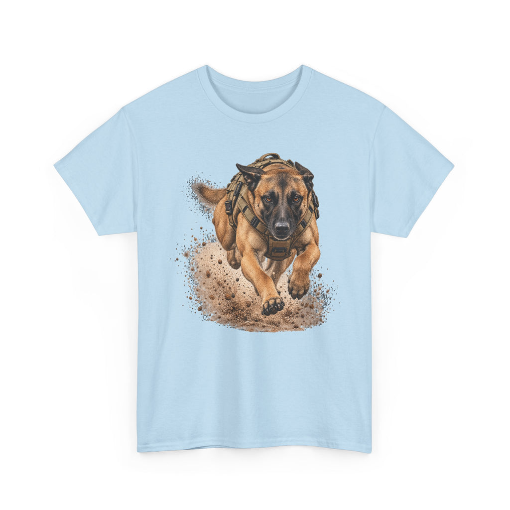 Light blue graphic dog t-shirt with running Belgian Malinois print on chest