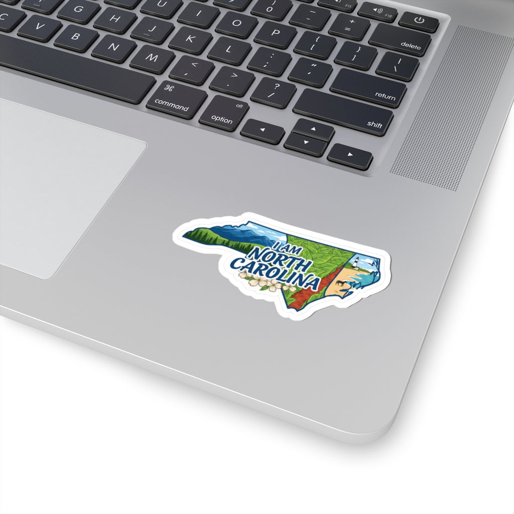 I AM NORTH CAROLINA vinyl sticker on laptop, colorful state outline