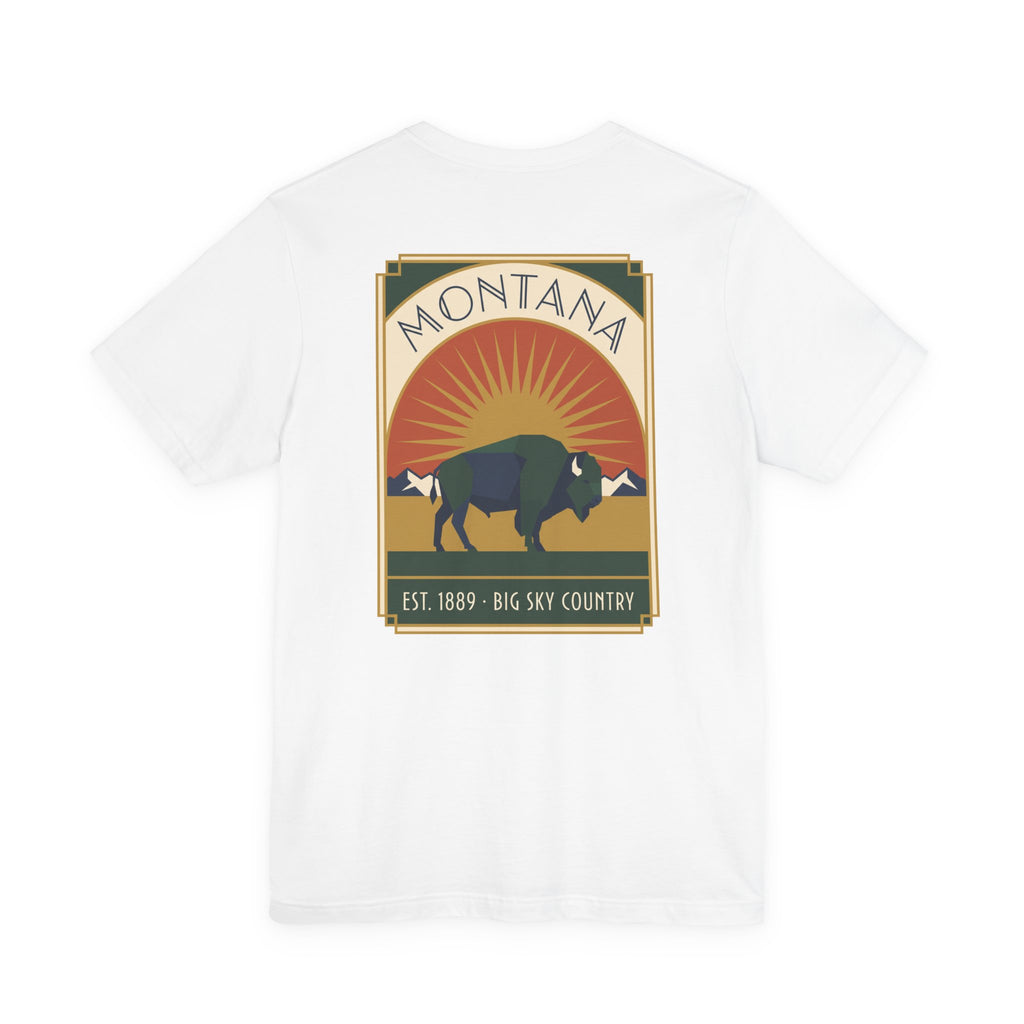 White T-shirt with Montana square logo, bison and sunrise graphic