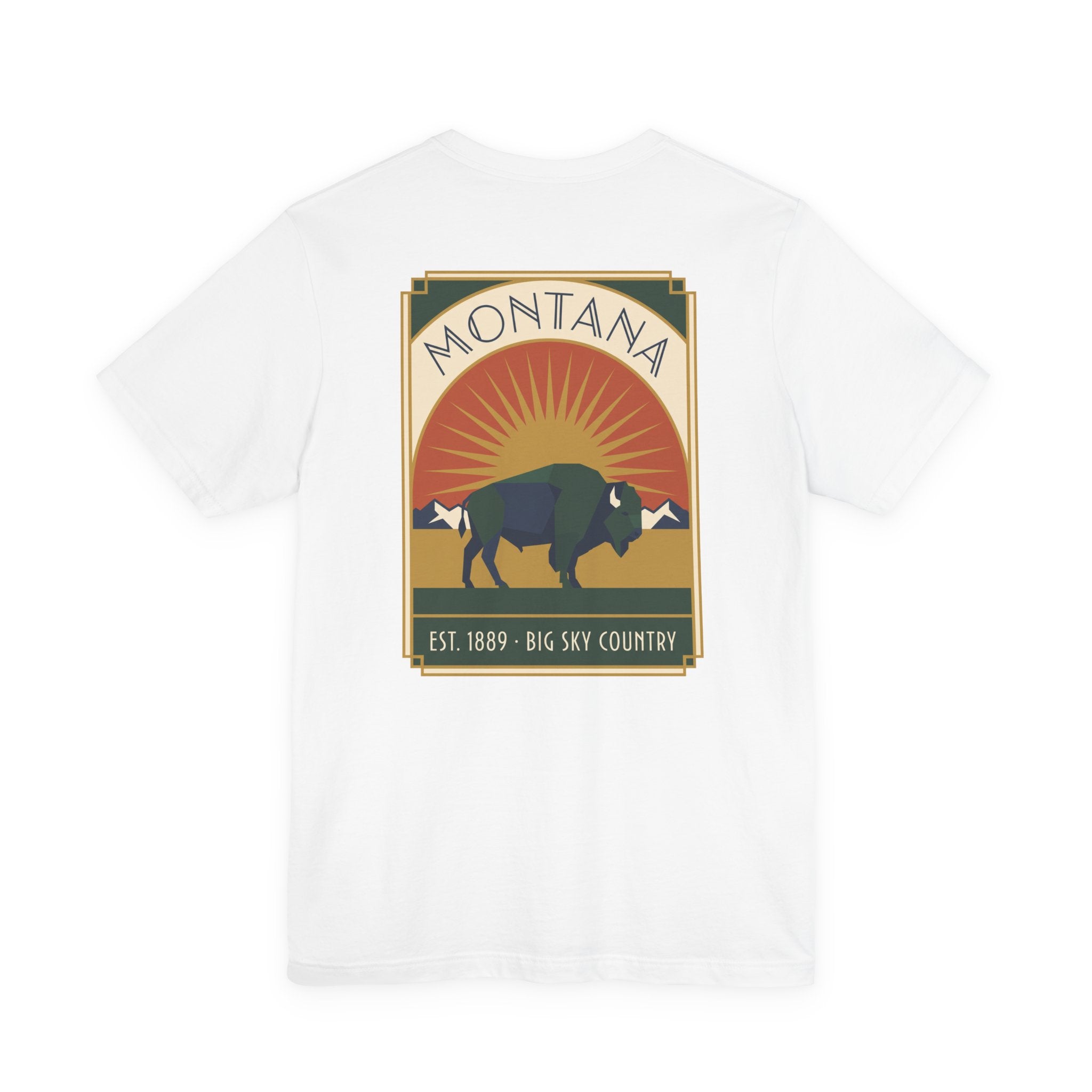 White T-shirt with Montana square logo, bison and sunrise graphic