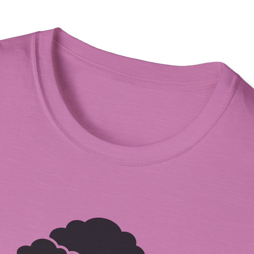 Pink t-shirt neckline with top of bonsai tree print at lower chest