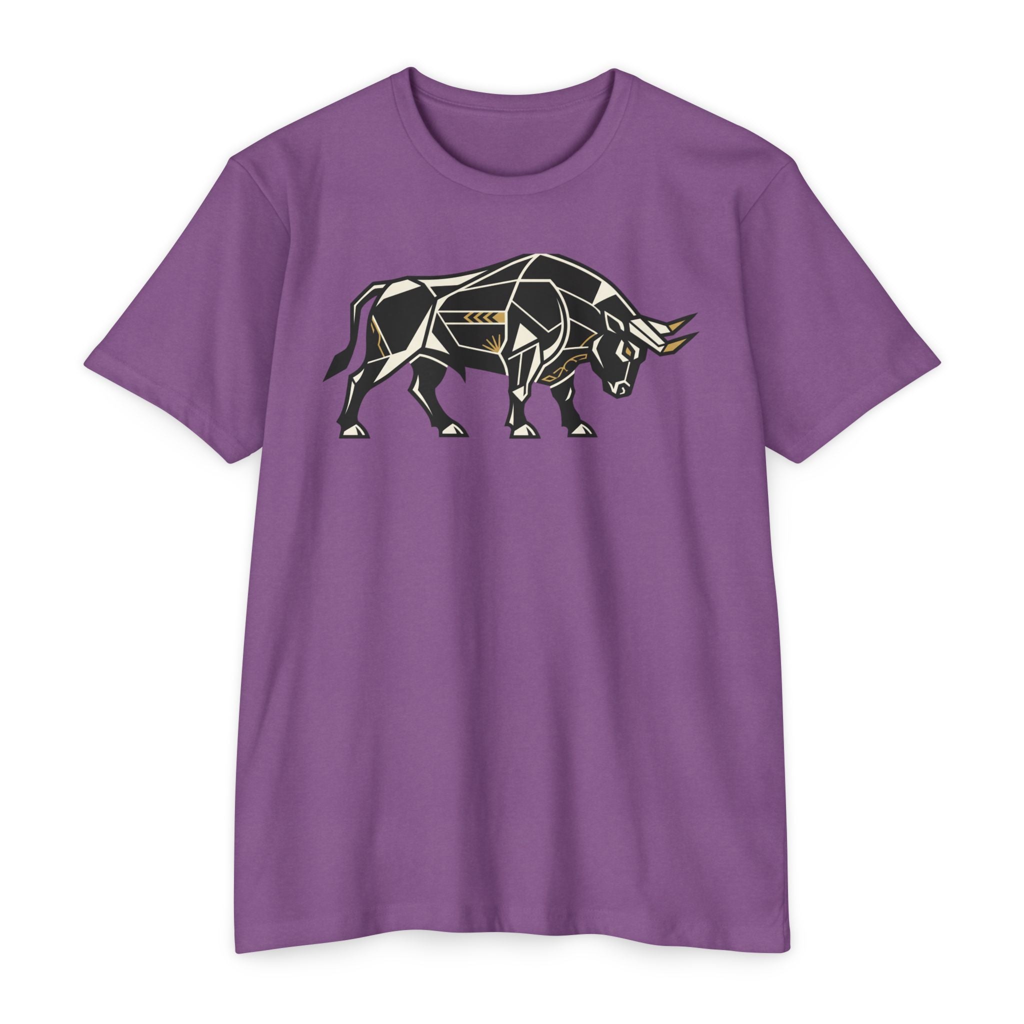 Purple/mauve T-shirt with geometric charging bull graphic, crew neck, short sleeves