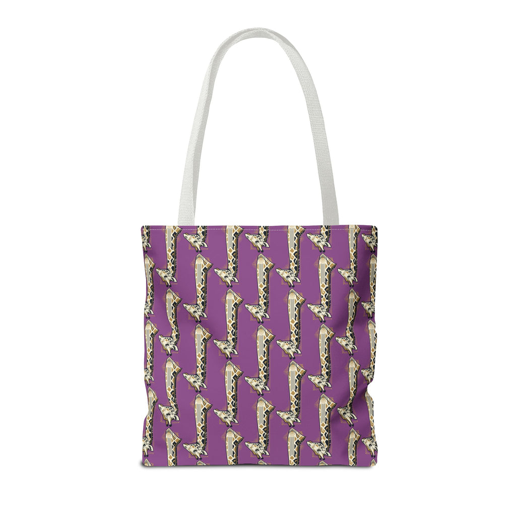 Purple saxophone patterned tote bag with white handles