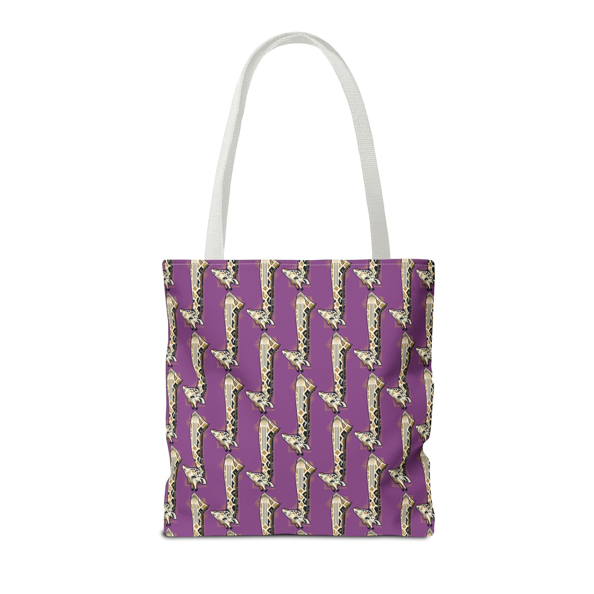 Purple saxophone patterned tote bag with white handles