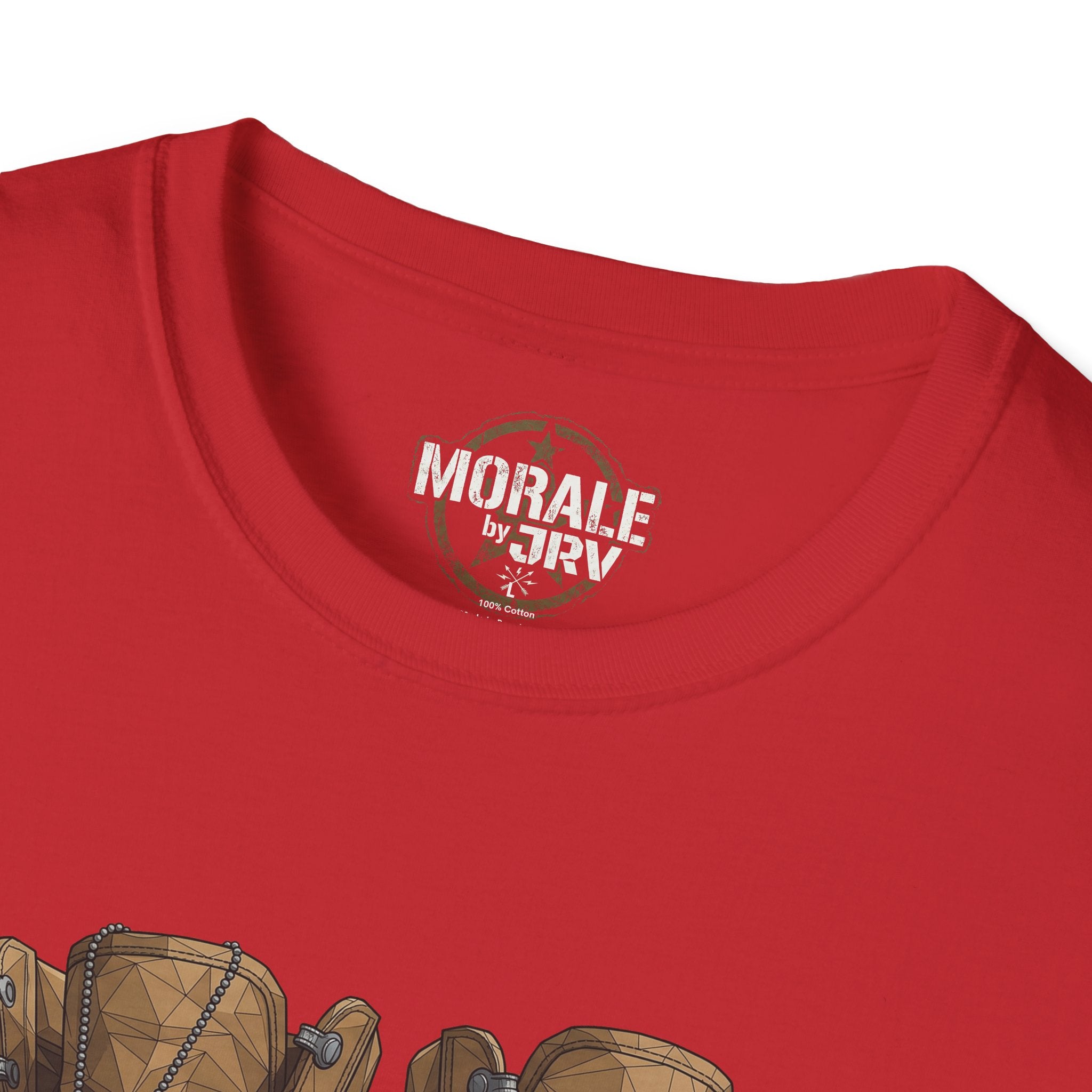 Red T-shirt with vintage „MORALE by TRV“ logo on crew neck