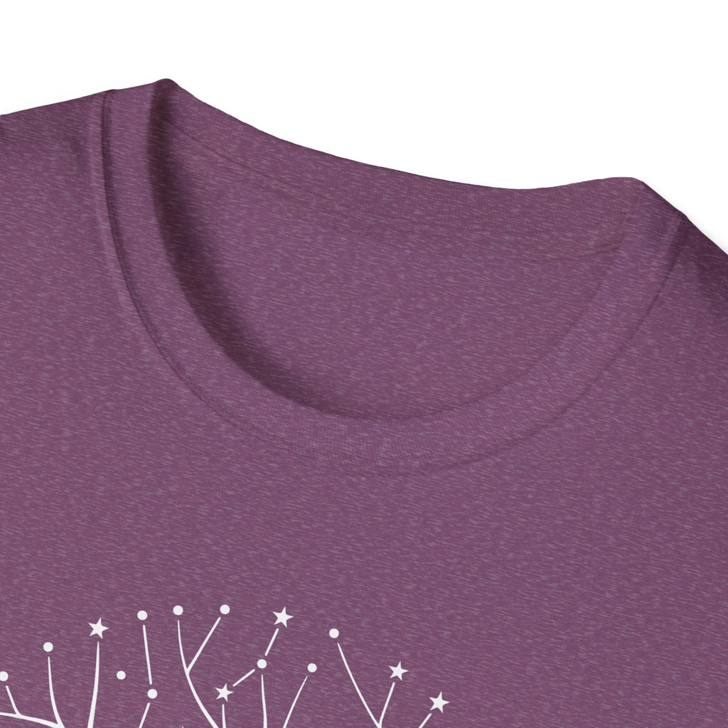 Heather purple T-shirt close-up of crew neck; partial white star-and-tree roots graphic.