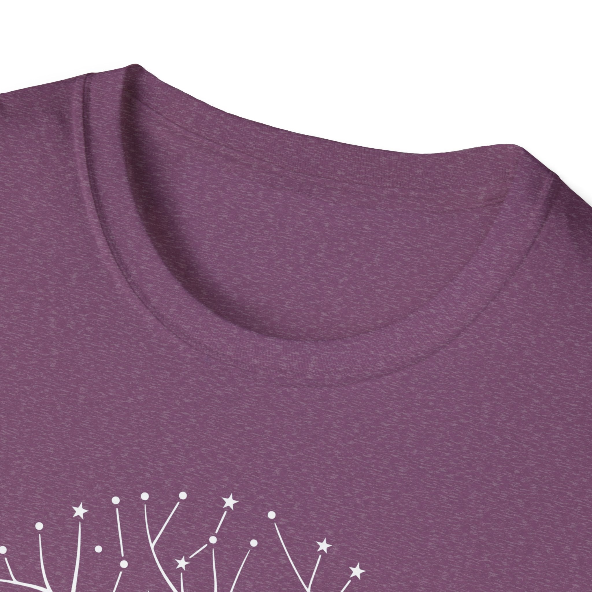 Heather purple T-shirt close-up of crew neck; partial white star-and-tree roots graphic.