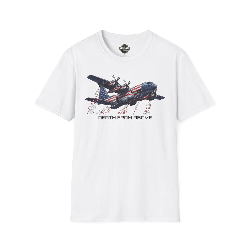 DEATH FROM ABOVE C-130 T-shirt, white, front airplane graphic with flag