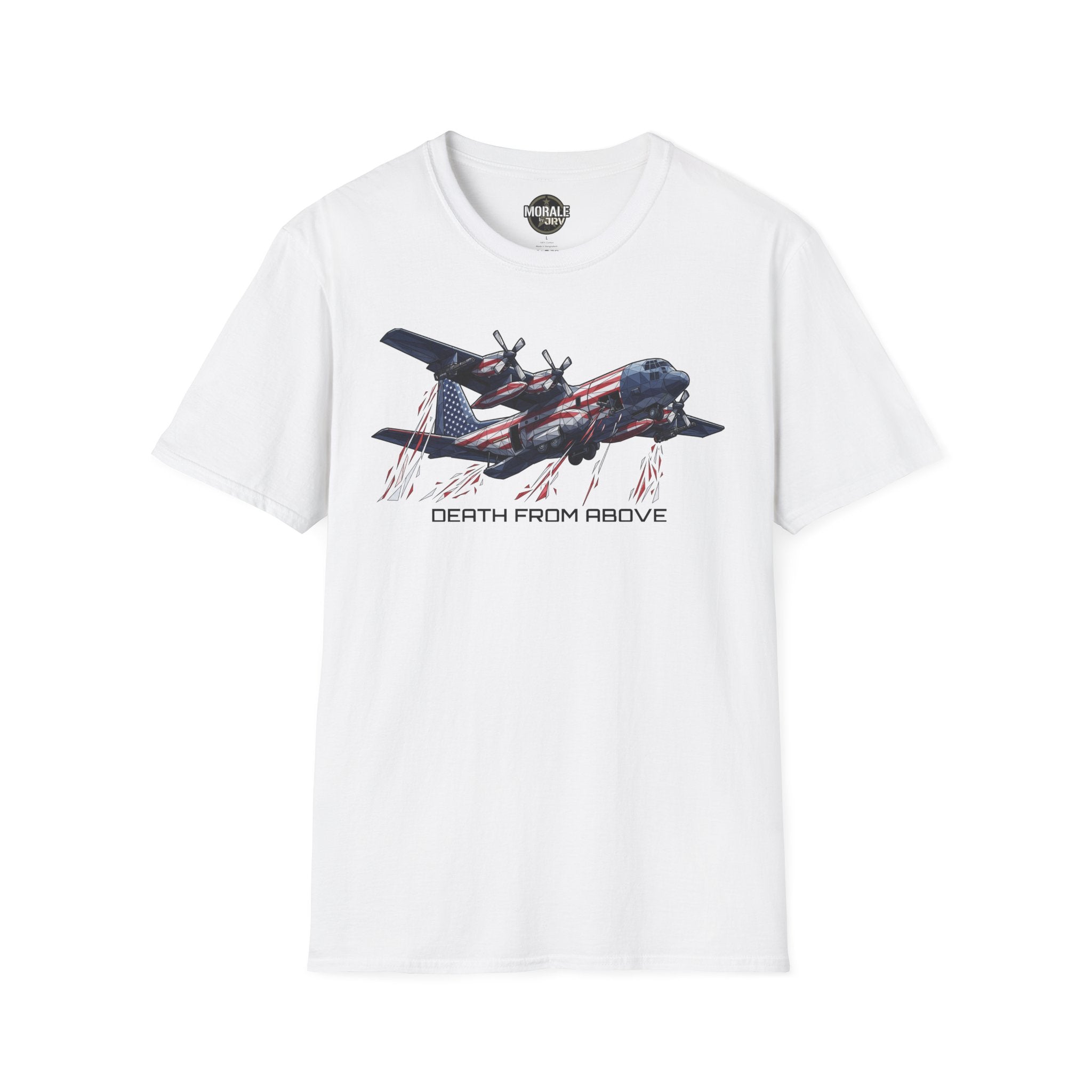 DEATH FROM ABOVE C-130 T-shirt, white, front airplane graphic with flag