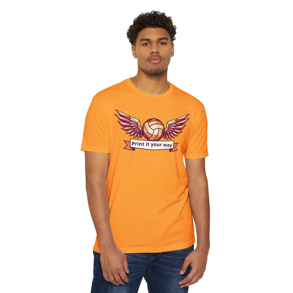 Unisex volleyball T-shirt, orange, winged volleyball logo with ribbon on front
