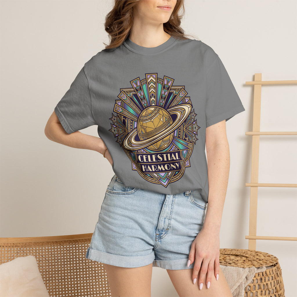 Dark gray crewneck T-shirt with multicolor Saturn ring crest graphic