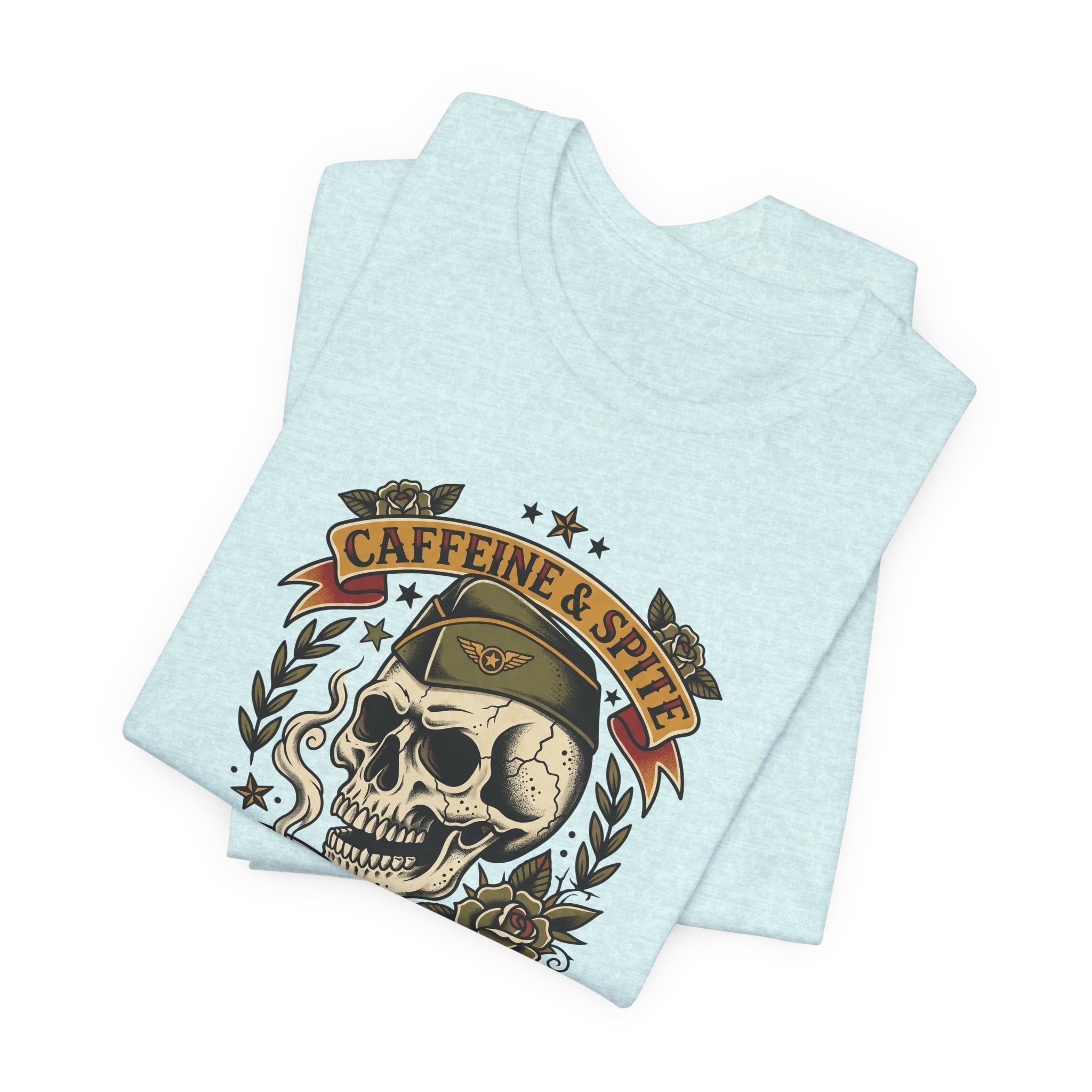 Light aqua T-shirt with skull, coffee cup, and “Caffeine & Spite” graphic